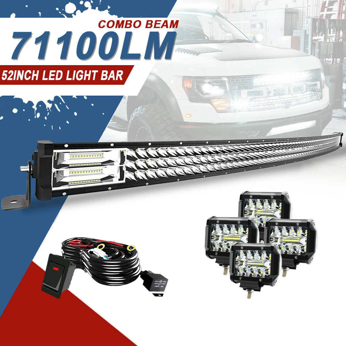 52inch 700W LED Light Bar Curved Flood Spot Combo Truck Roof Driving 4X4 Offroad