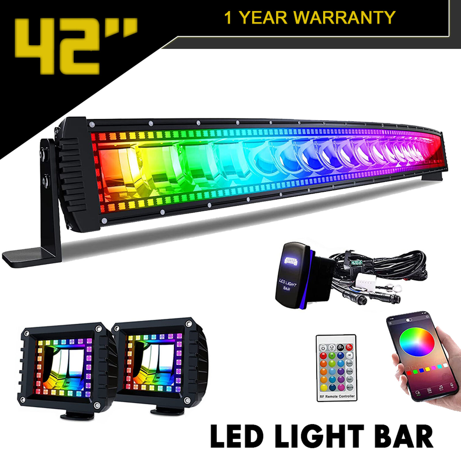 42in 240W Flood Spot RGB Curved Led Work Light Bar Offroad Driving Lamp for Boat