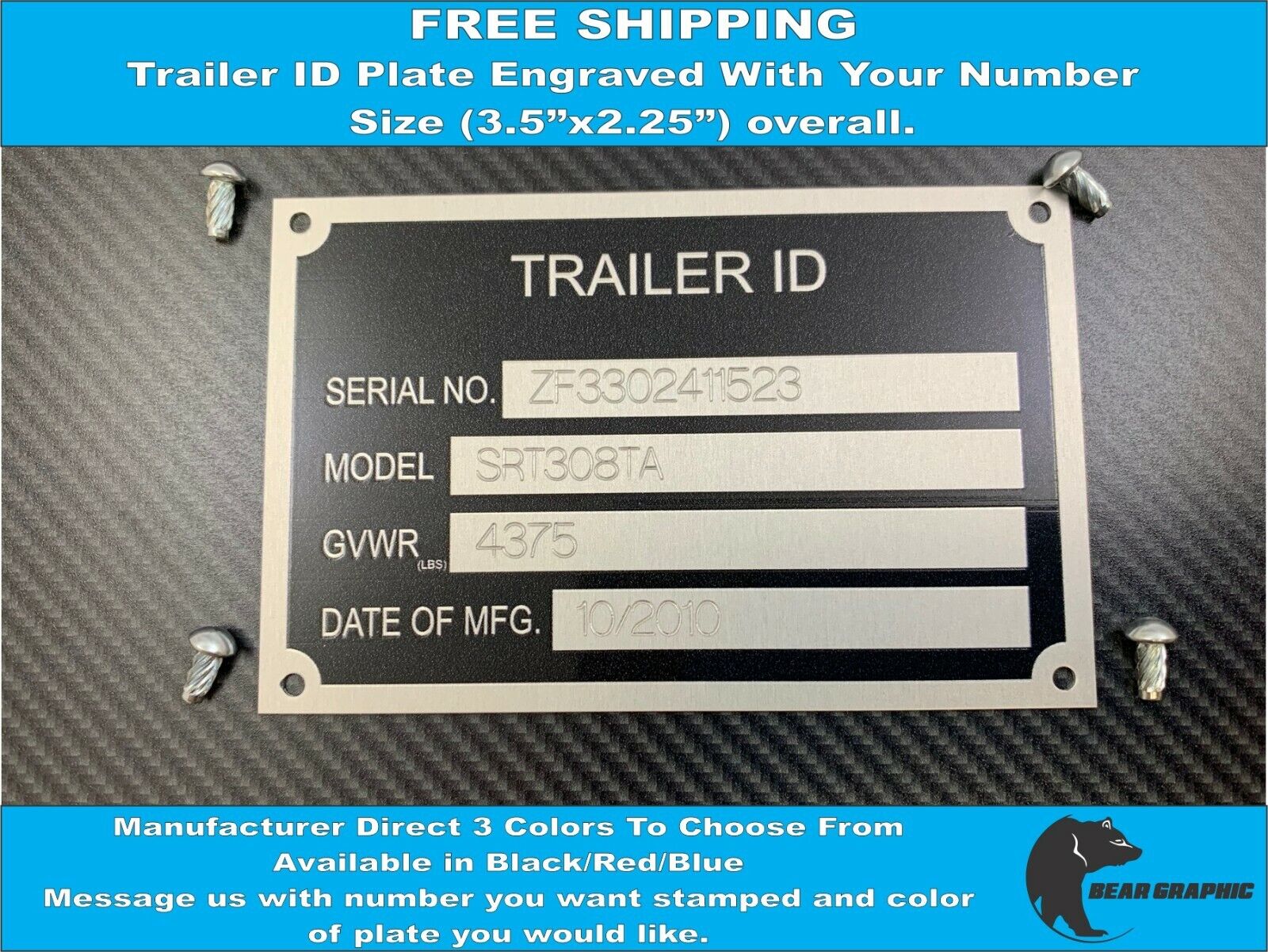 TRAILER ID TAG PLATE DATA ENGRAVED WITH NUMBER IDENTIFICATION TAG  