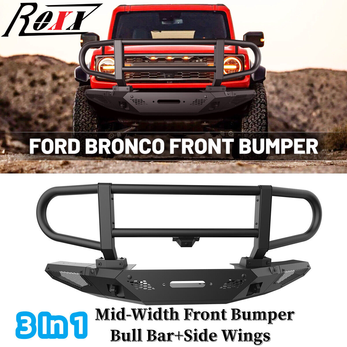 3 In 1 Front Bumper Assembly w/2xSide Wings+Upper Bend For 2021-2023 Ford Bronco