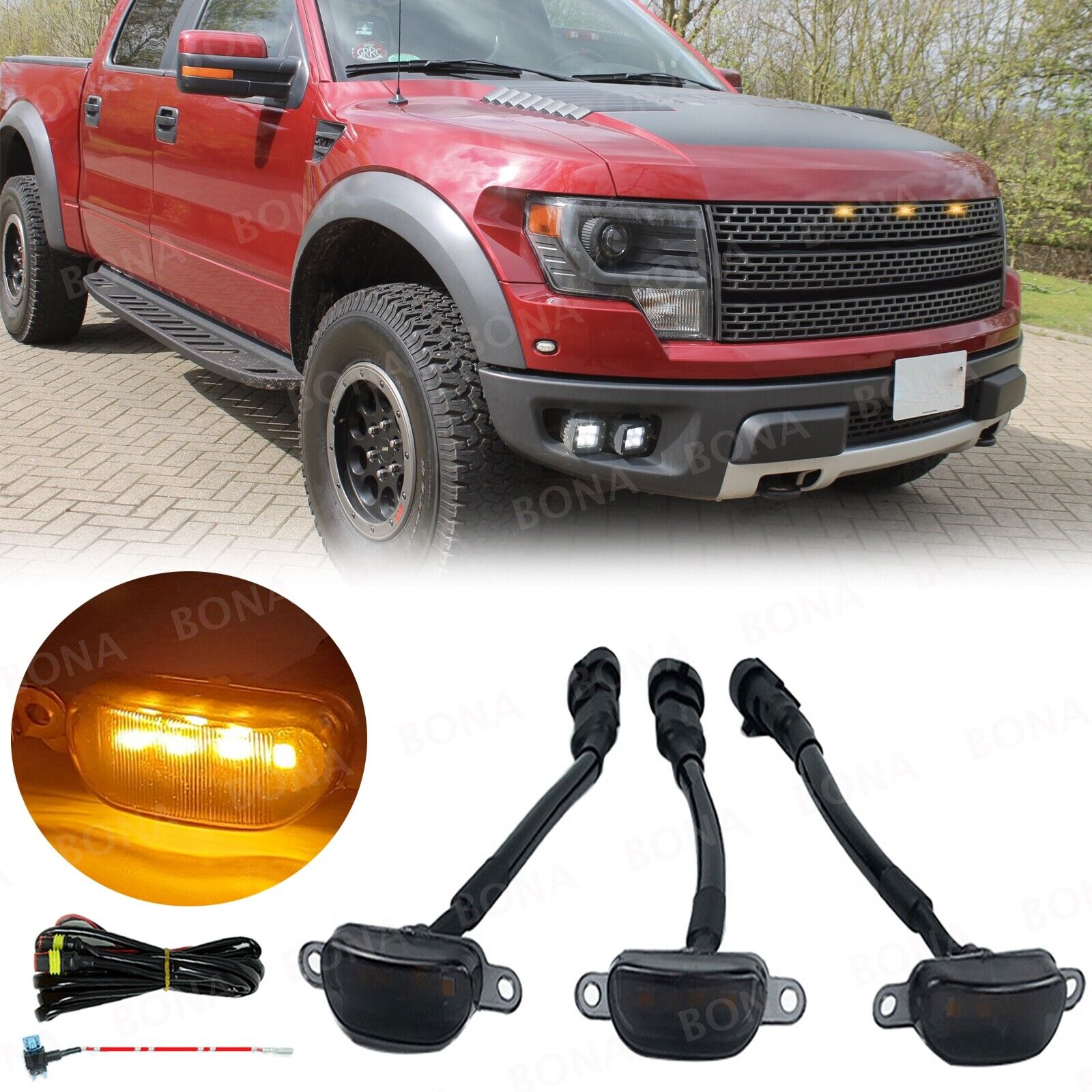 3pcs LED Front Grille Lights For 2004-2019 Ford F-150, F250, F350 Raptor Smoked