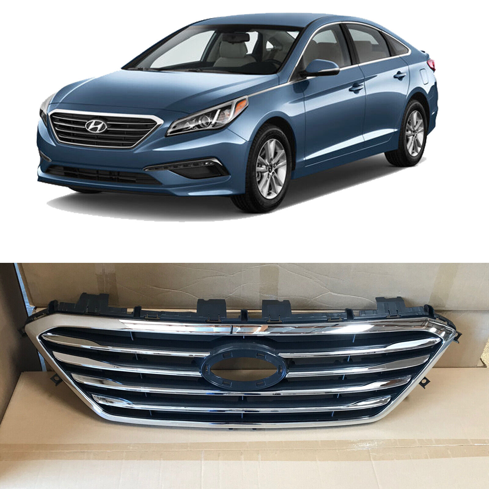 Front Upper Grille Grill Assembly Chrome Trim for 2015 2016 2017 Hyundai Sonata