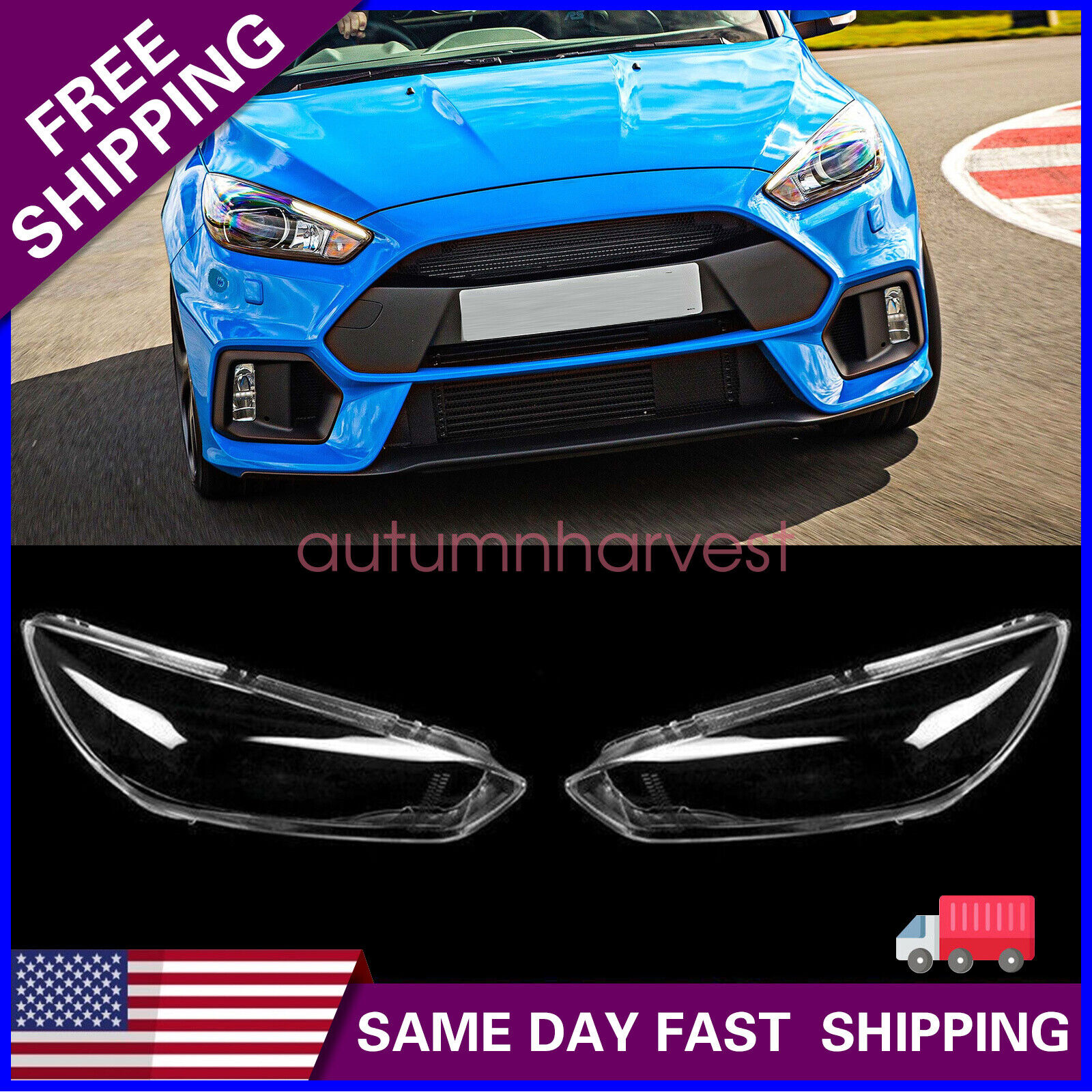 Both Side Headlight Clear Lens Cover + Sealant Fit Ford Focus 2015-2018 ST RS