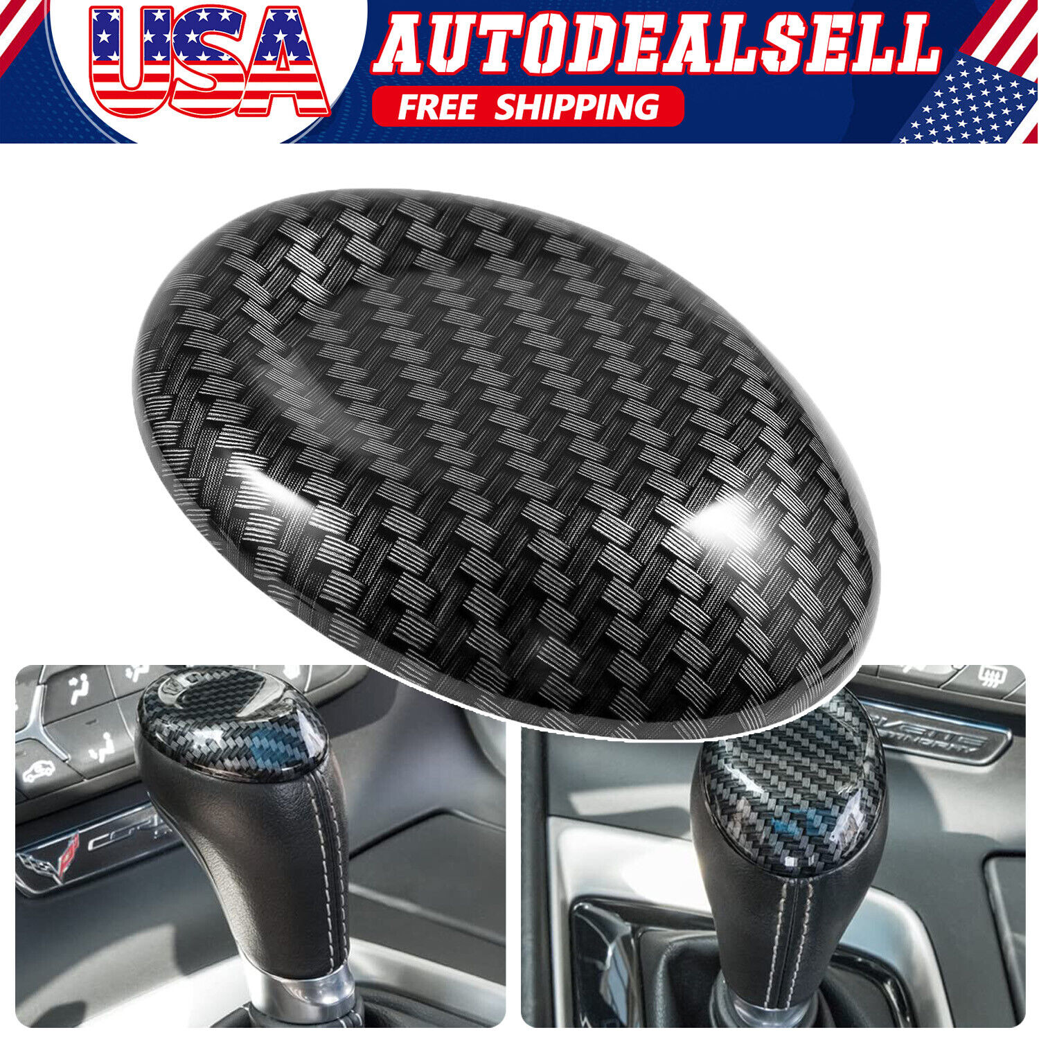 For Chevrolet Corvette C7 Z06 Carbon Fiber Gear Shift Knob Head Cover Trim Black