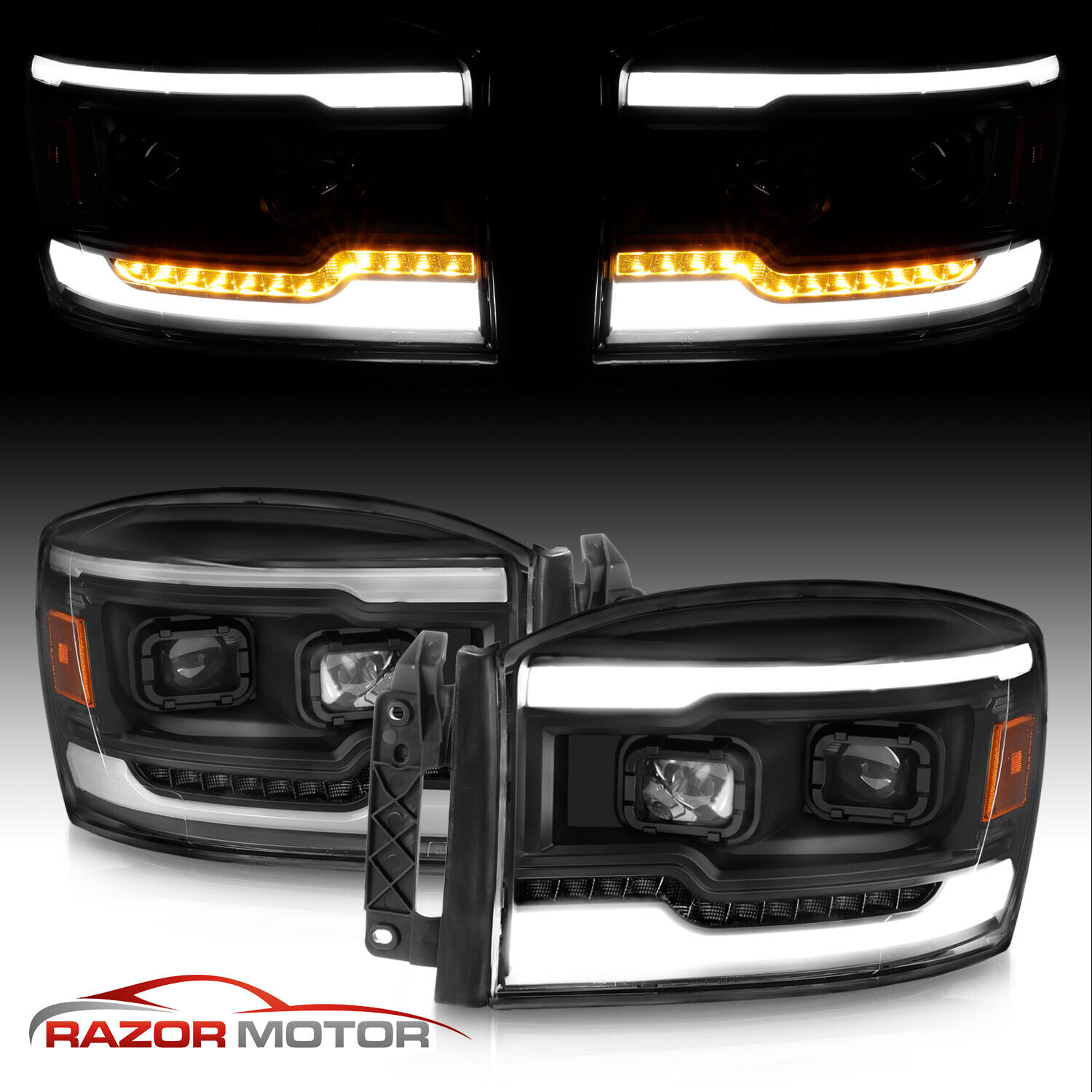 LED Light Bar For 2006-2009 Dodge Ram 1500 2500 3500 Pickup Black Headlights