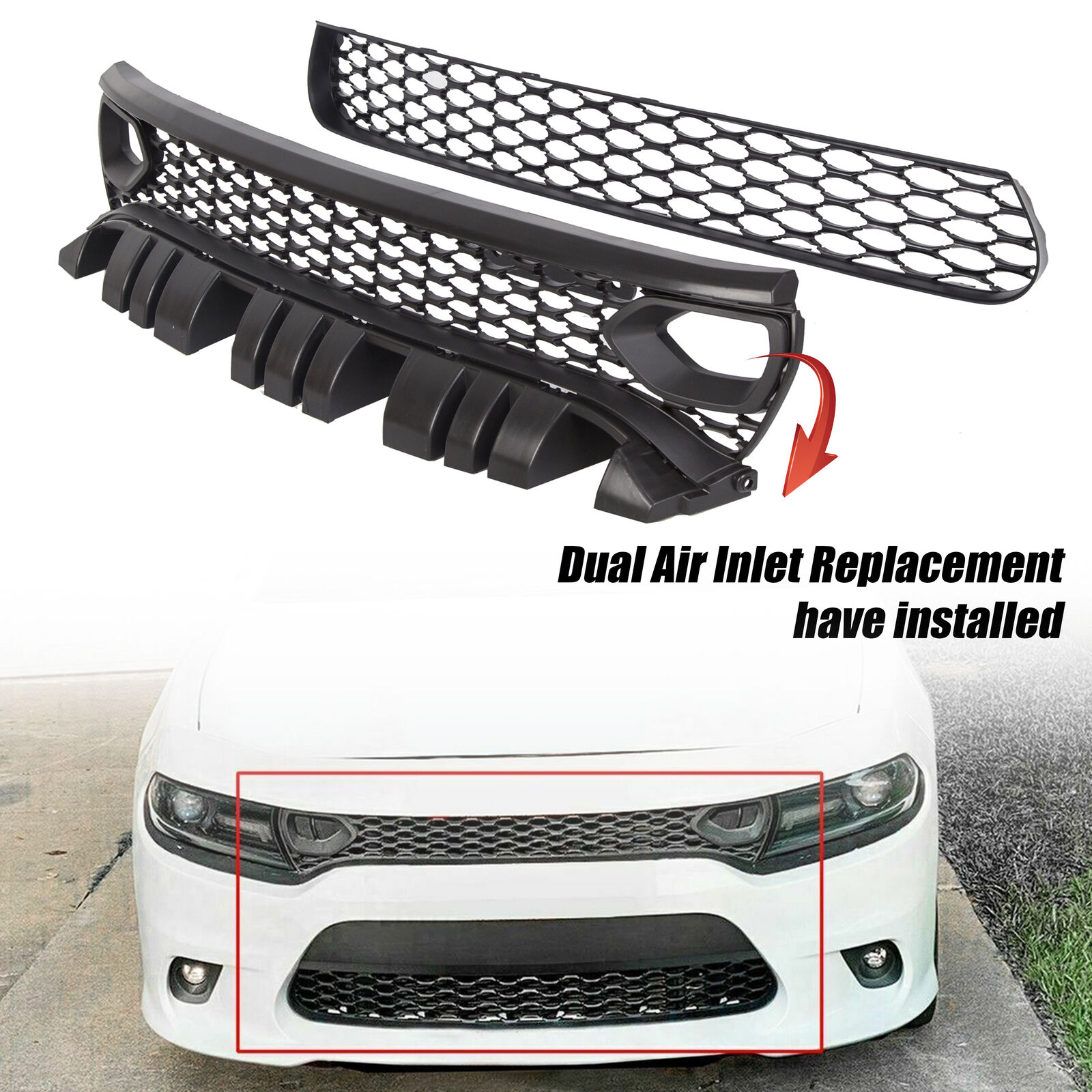 For 2015-21 DODGE CHARGER RT SCAT PACK SRT STYLE Front Upper + Lower Grille Kit