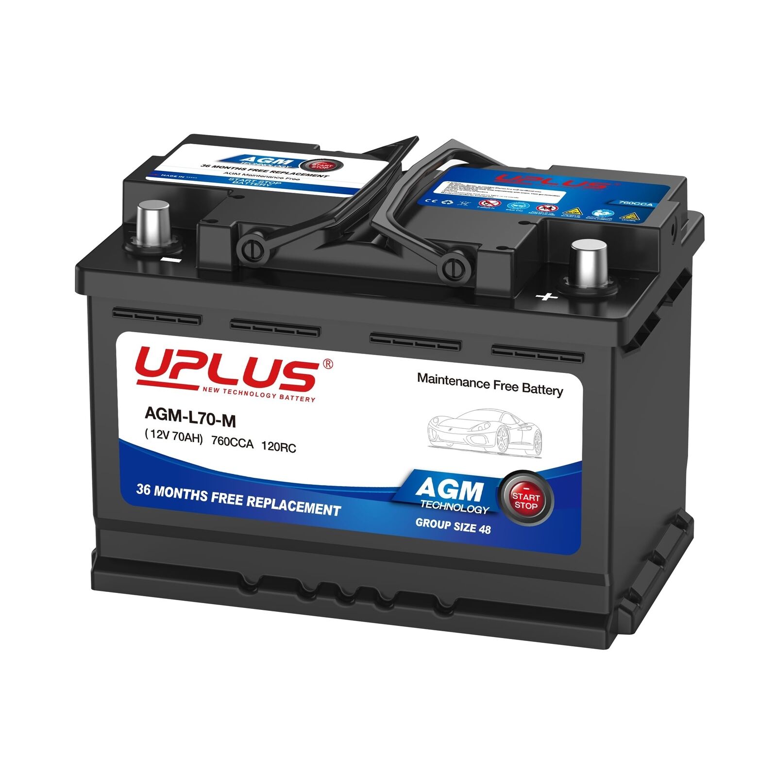 UPLUS BCI Group 48 AGM Start-Stop Car Battery, AGM-L70-M Maintenance Free 12V...