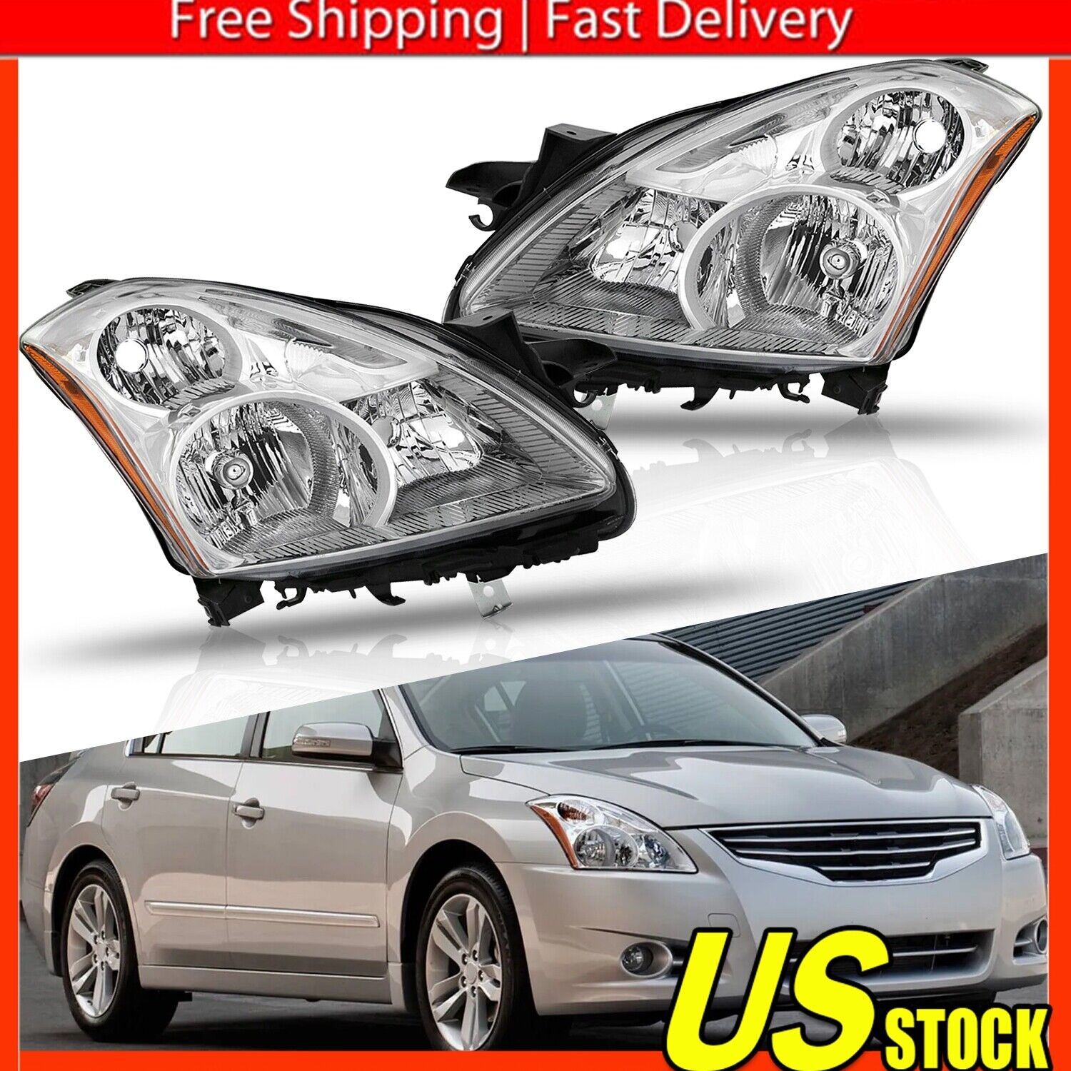 Fits 2010-2012 Altima 4Dr Sedan Clear Headlights Driving Lamps Left + Right Pair