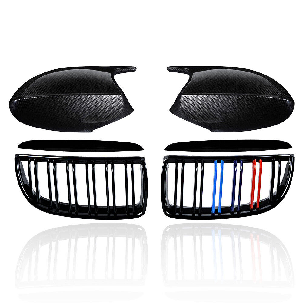 Front Kidney M-Color Grill Carbon Fiber Mirror Covers Cap For BMW E90 E91 05-08