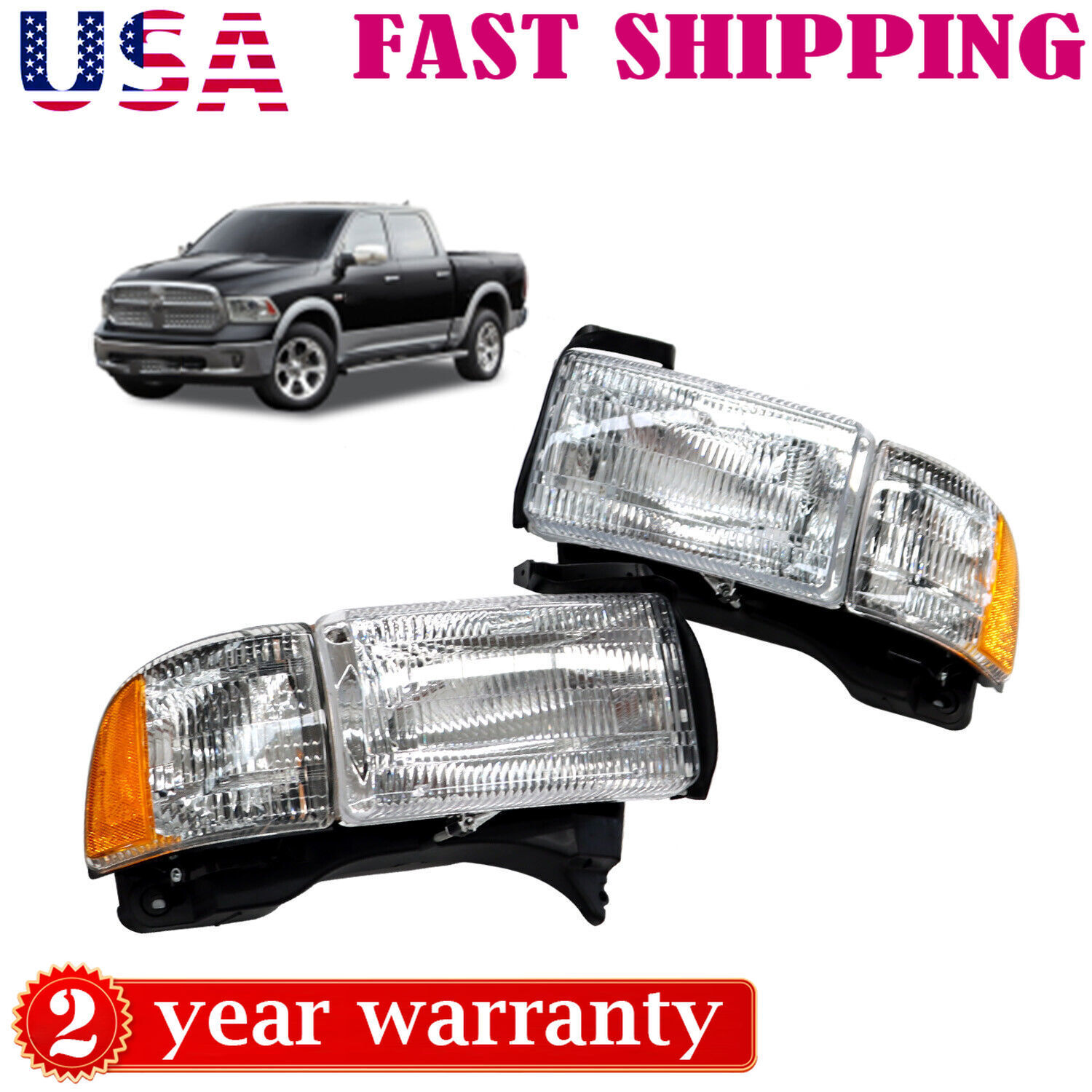 New Headlights Head Lamps Set Fit For 94-01 Dodge Ram 1500 2500 3500