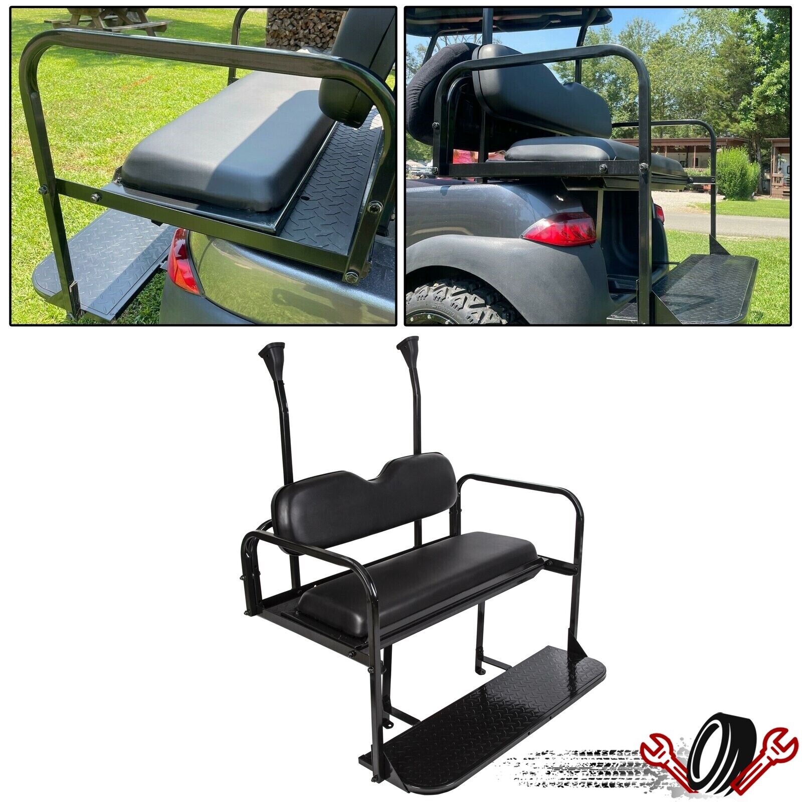 For Club Car Precedent Golf Cart Flip Folding Rear Back Seat Kit - Black Cushion