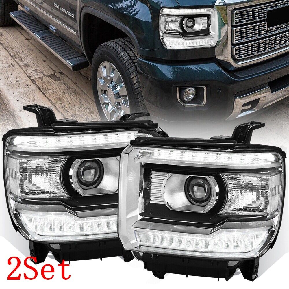 Clear  LED DRL Head Lights Lamps For 2014-2018 GMC Sierra 1500 2500 3500 2Set