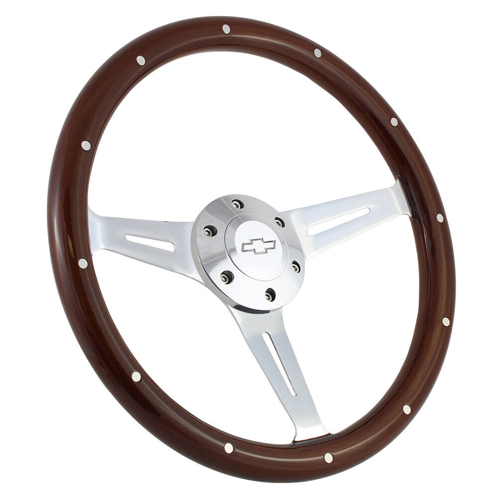 380mm Chrome Dark Steering Wheel Real Wood Riveted Grip (15\