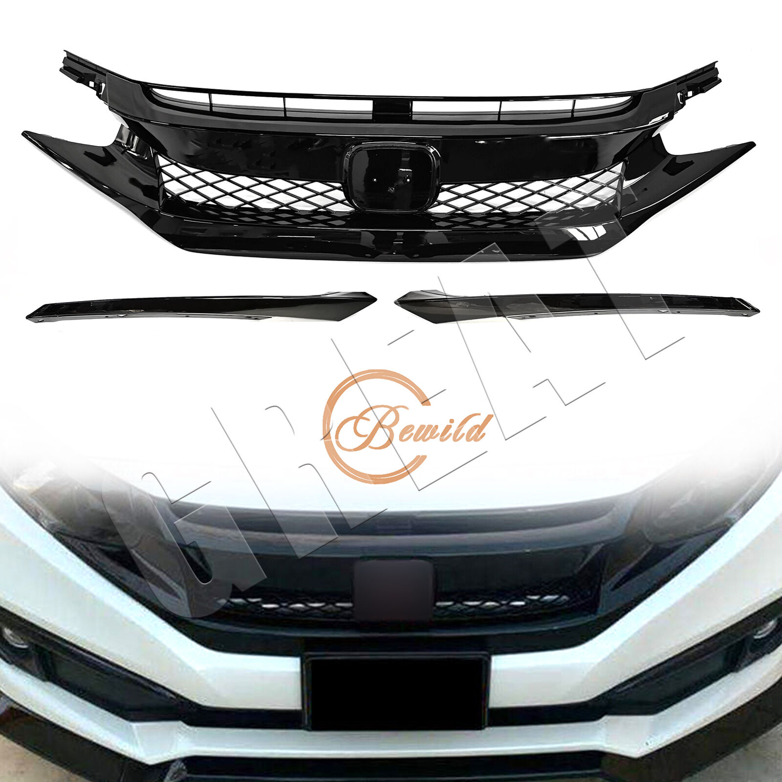 For 2019-2021 Honda Civic Coupe Sedan Front Mesh Grille Type R Glossy Black