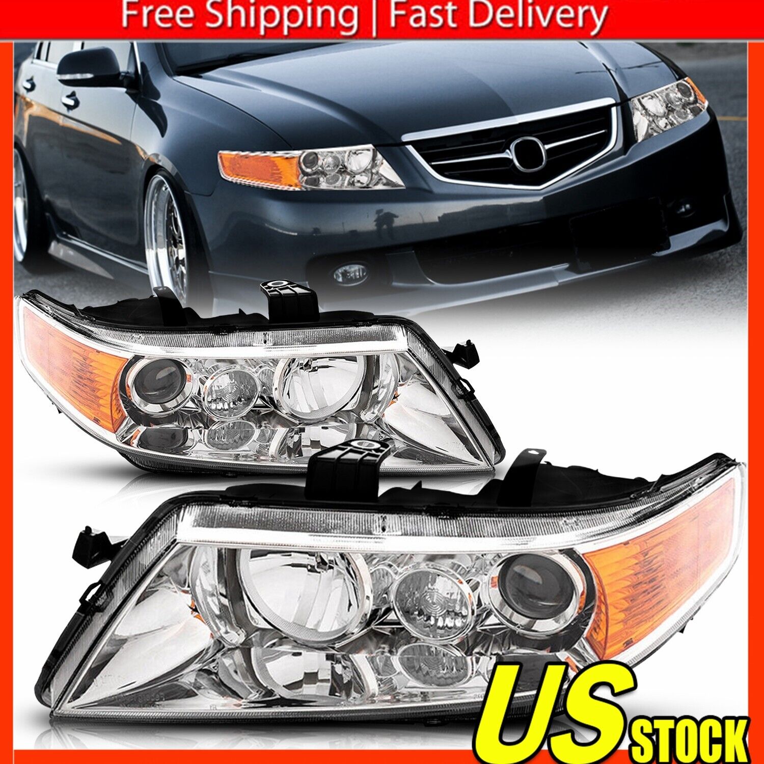 For 2004-2008 Acura TSX CL9  Projector Headlights Lamps Chrome Amber Reflectors