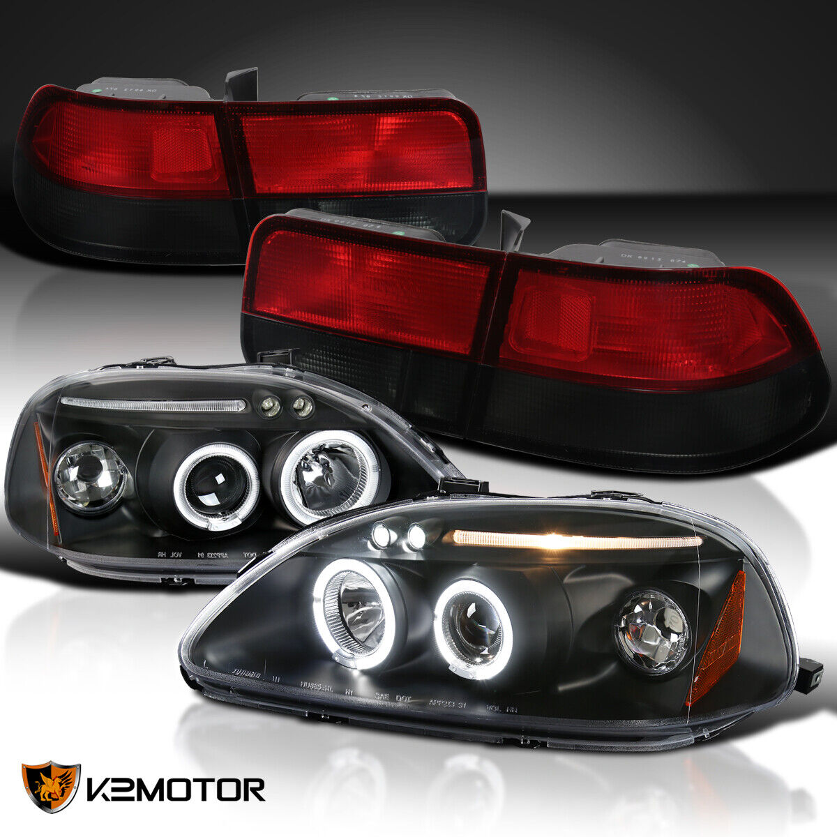 Fits 96-98 Civic 2Dr LED Halo Black Projector Headlights+Red/Smoke Tail Lights