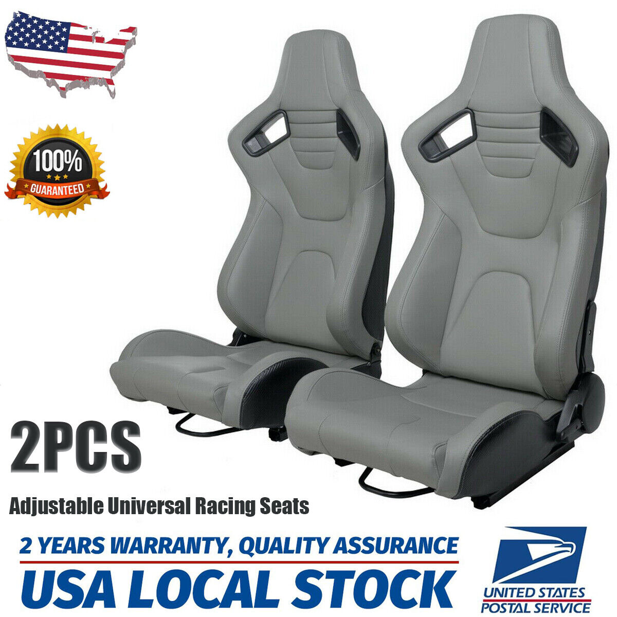2PCS Adjustable Universal Racing Seats Gray PU Leather Bucket Seats/2 Sliders 