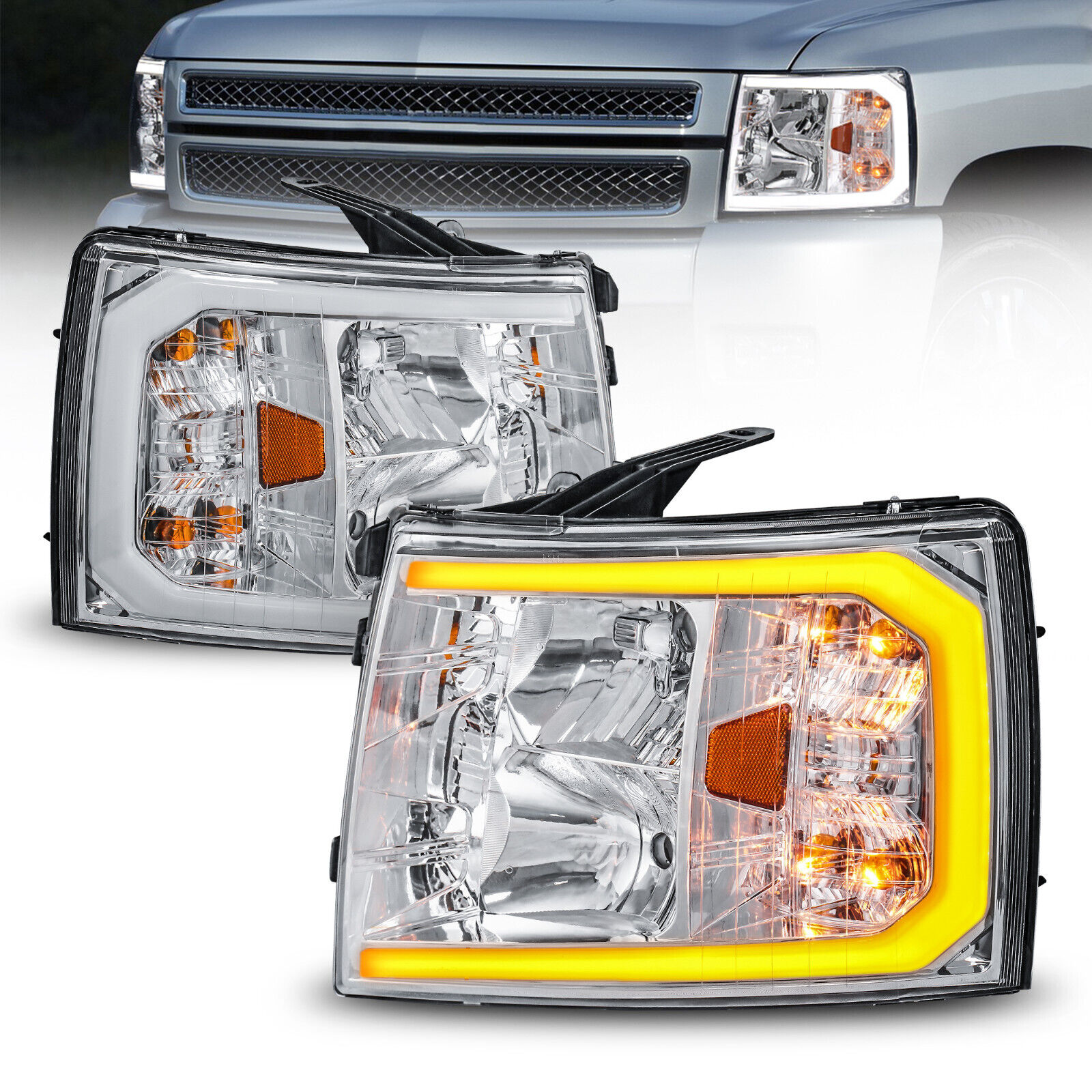 Set(2) LED DRL Headlight Assembly For 2007-2013 Chevy Silverado 1500 2500 3500HD