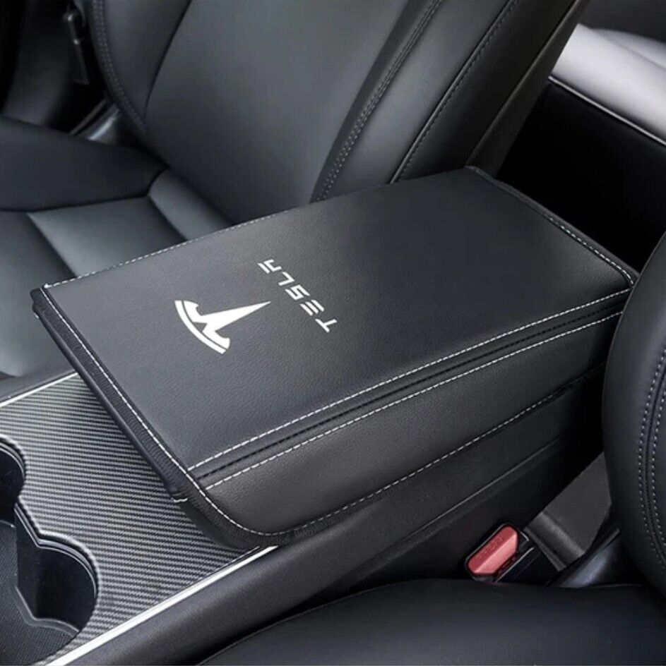 Car Armrest Cover Tesla Model 3 Y PU Leather Center Console Cover BLACK STITCH