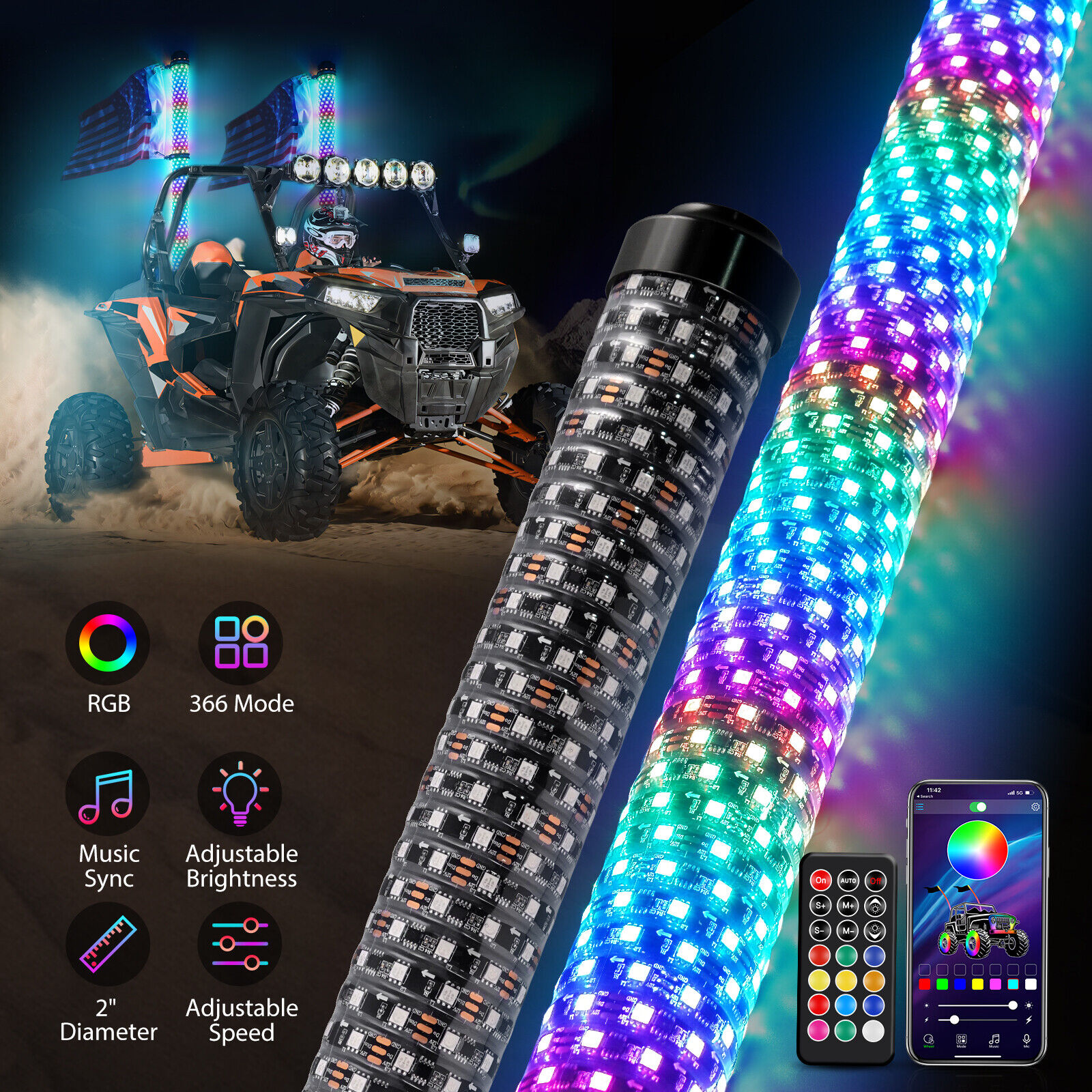 2x 3FT Fat LED Whip Light APP Remote Control RGB Spiral Chasing Antenas Lighting