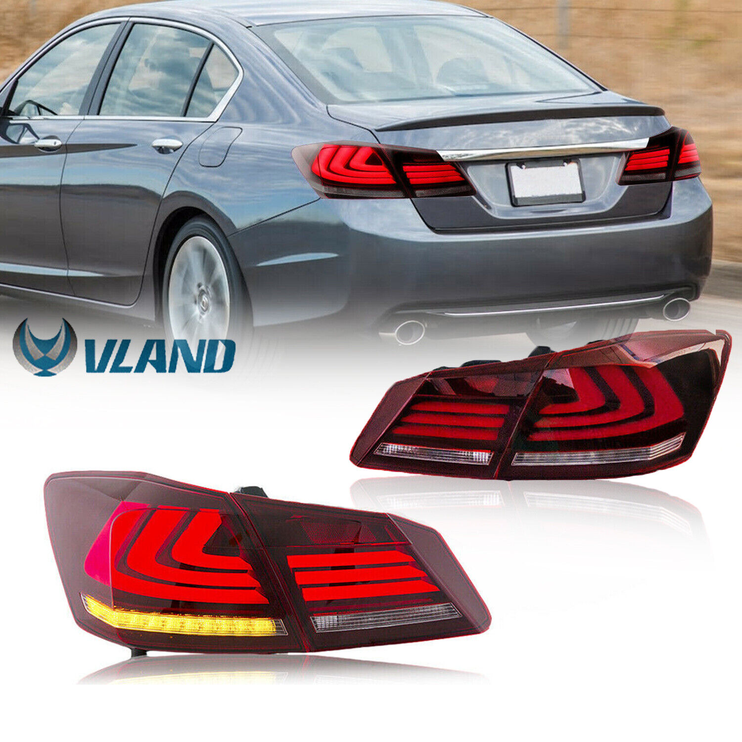 Pair Red Clear LED Tail Light Brake Lamp For 2013-2015 Honda Accord 4-Door Sedan