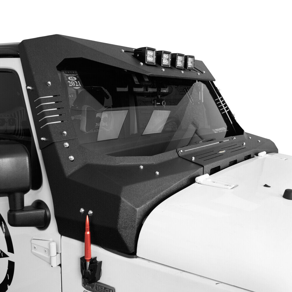 Armor Windshield Frame Cover Visor Cowl w/ LED Lights For 07-18 Jeep Wrangler JK