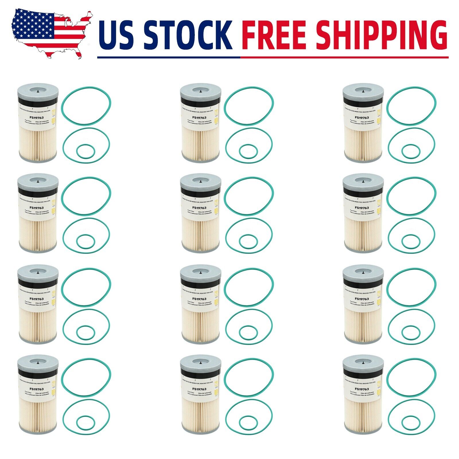 12Pack-For FleetGuard Fuel Filter with Water Separator FS19763 7micron