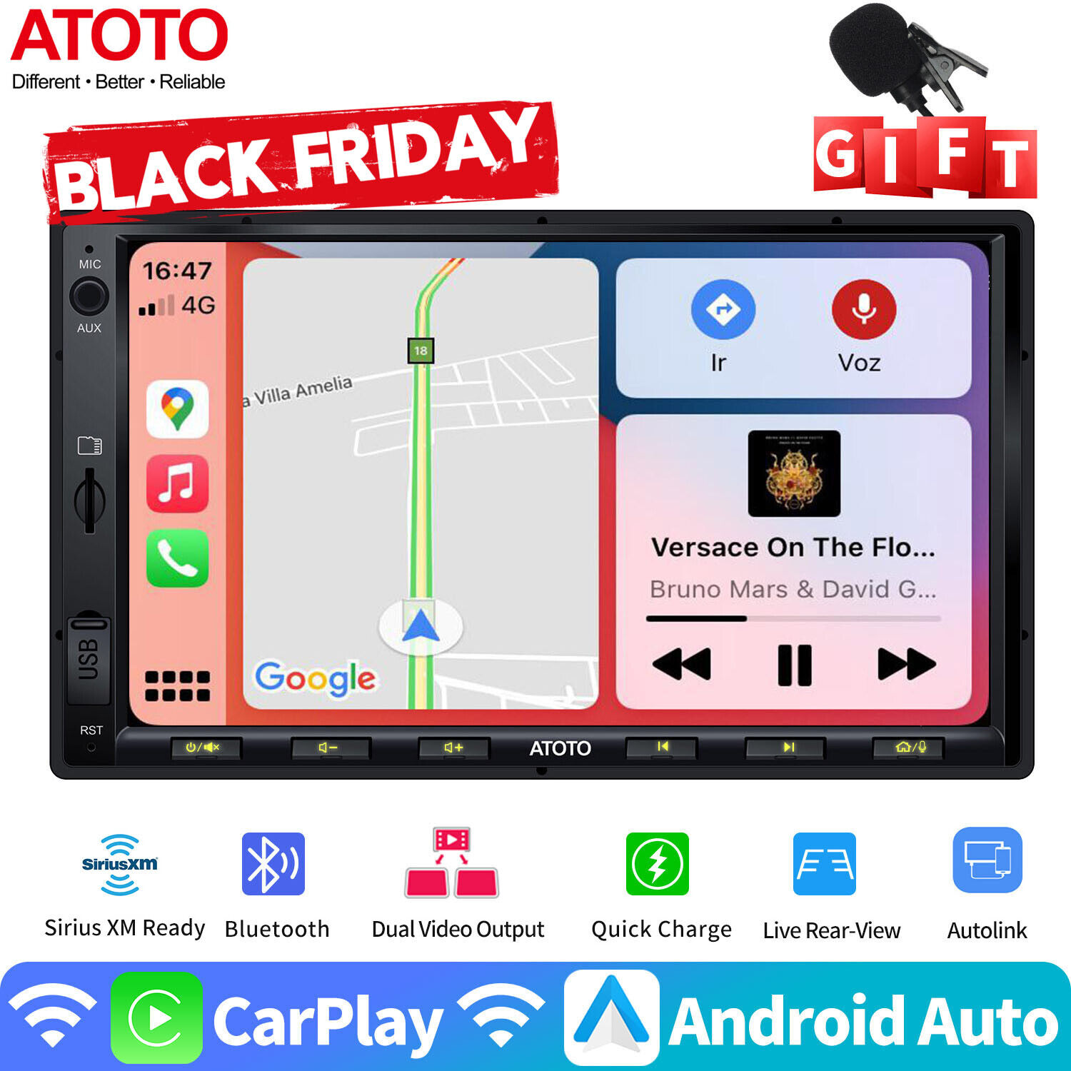 ATOTO F7XE 7in Double 2DIN Car Stereo SXM Radio Wireless Android Auto & CarPlay