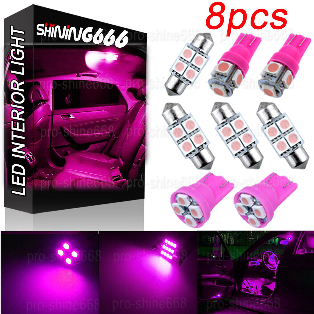 8X Pink LED Bulb License Interior Package Kit W5W T10 30mm 31mm Festoon Lights