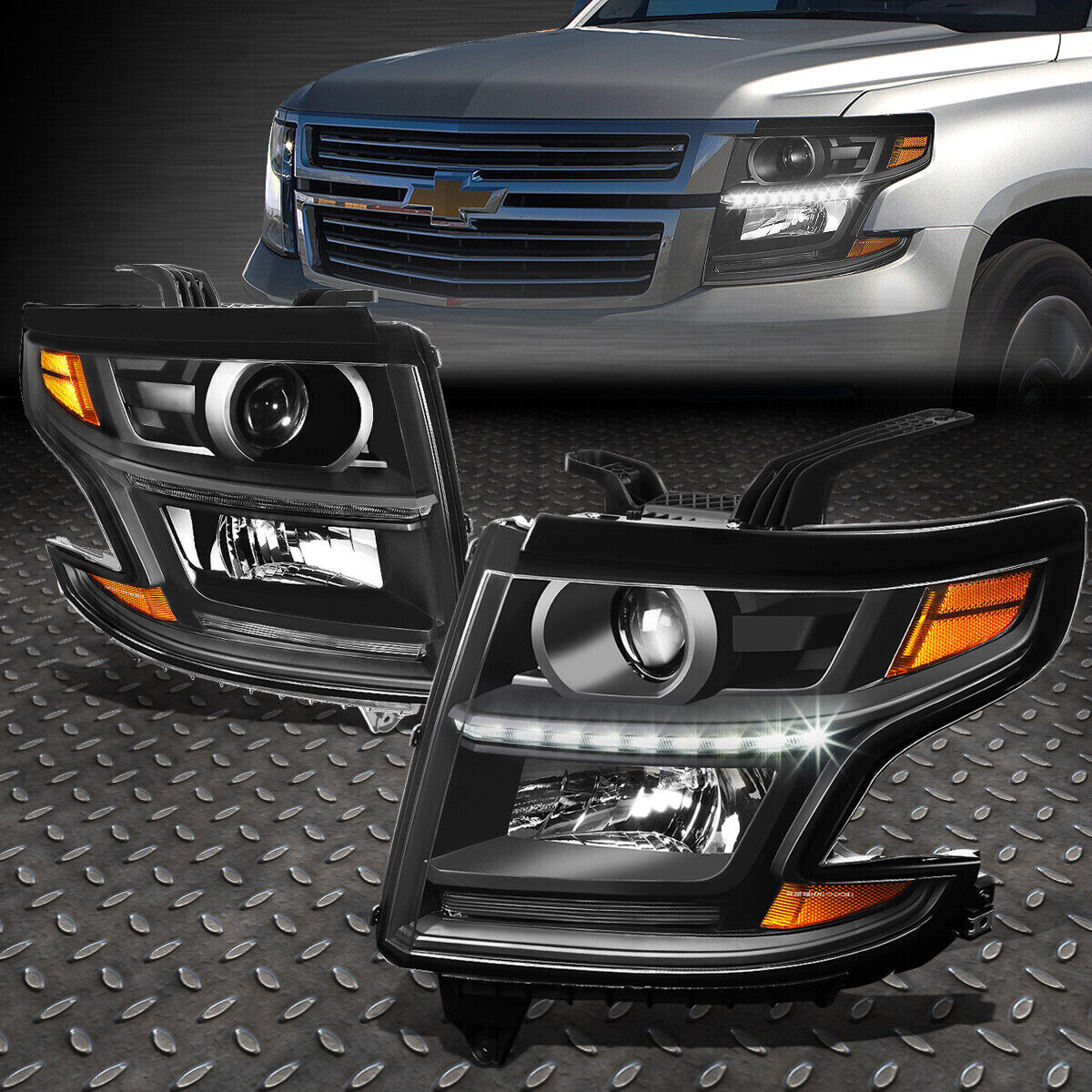 FOR 15-20 CHEVY TAHOE SUBURBAN BLACK/AMBER CORNER LED DRL PROJECTOR HEADLIGHT