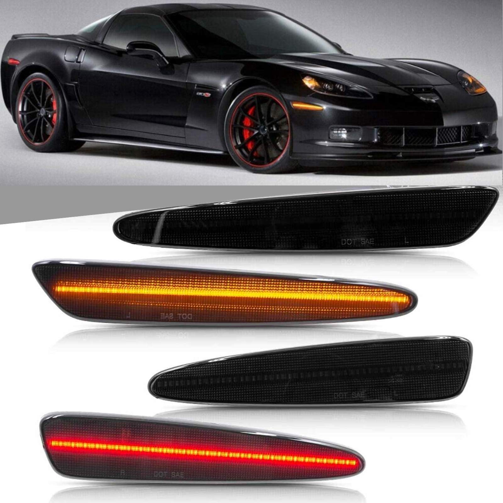 LED Side Marker Lights For 2005-13 Chevy Corvette C6 Smoked Front Rear Amber Red