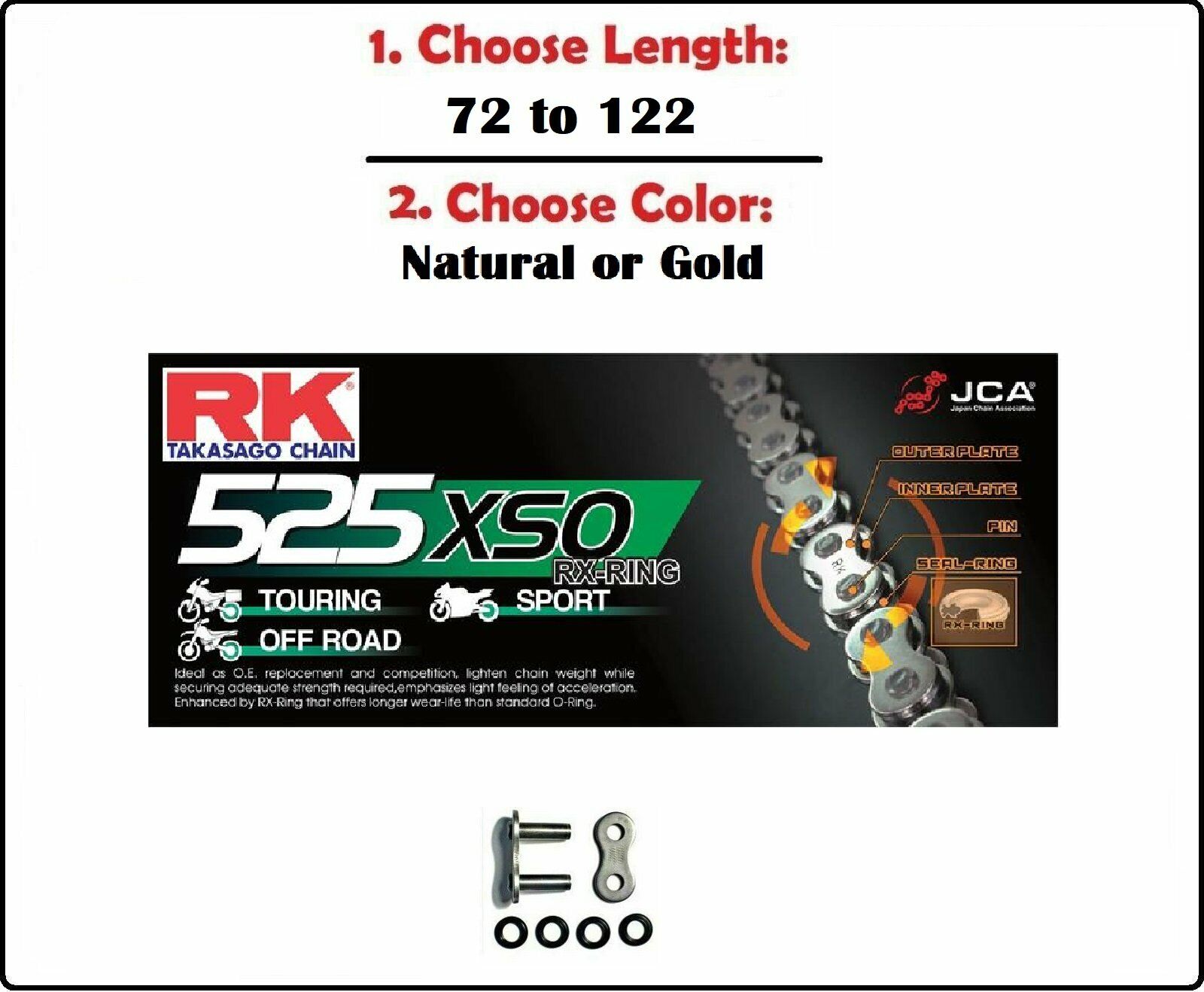 RK 525 XSO Xring Motorcycle Drive Chain Natural or Gold with Rivet Master Link