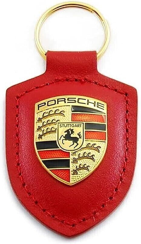 New Genuine Porsche Leather Metal Crest Key Ring Fob Chain Red  USA