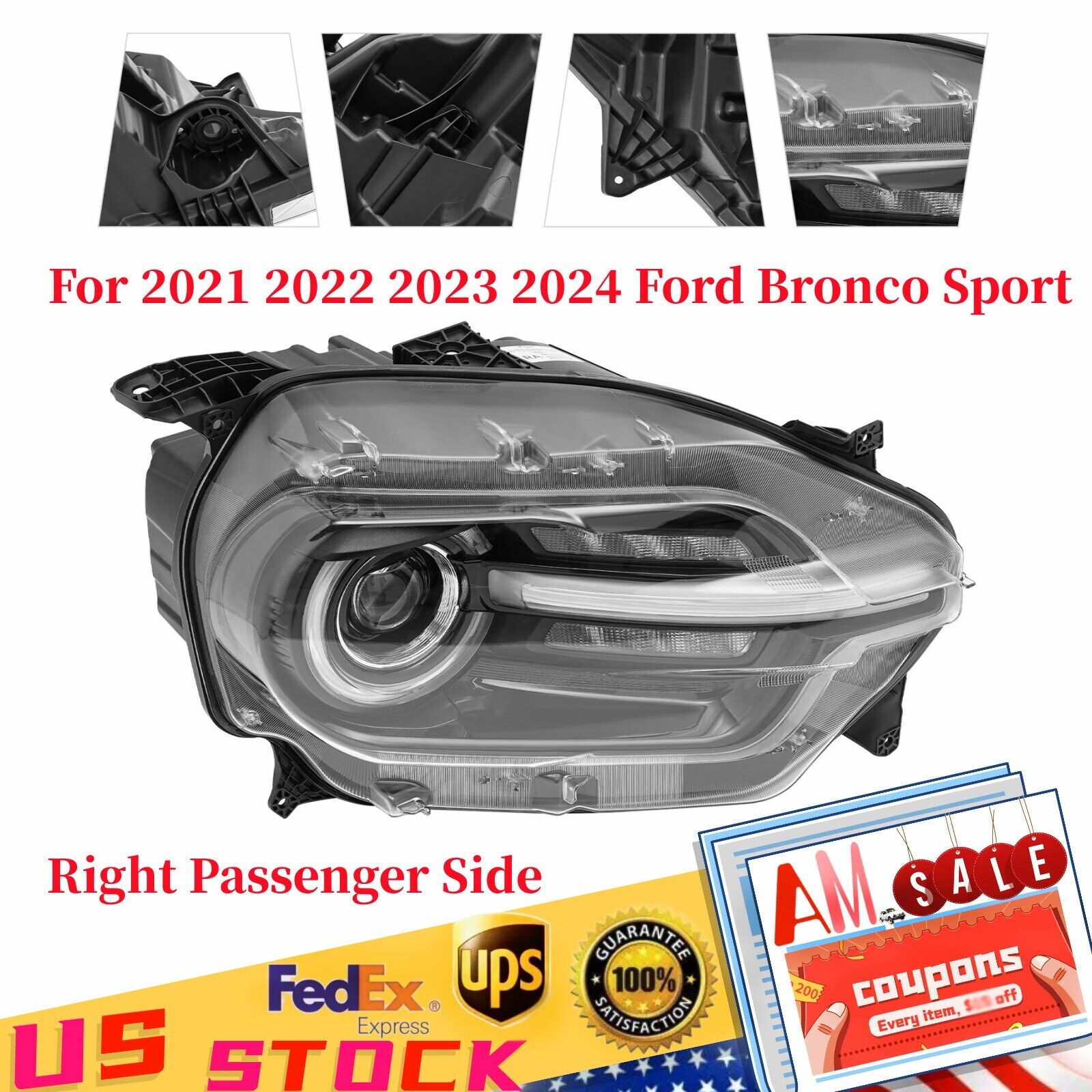 LED Headlight Right Passenger Side For 2021 2022 2023 2024 Ford Bronco Sport