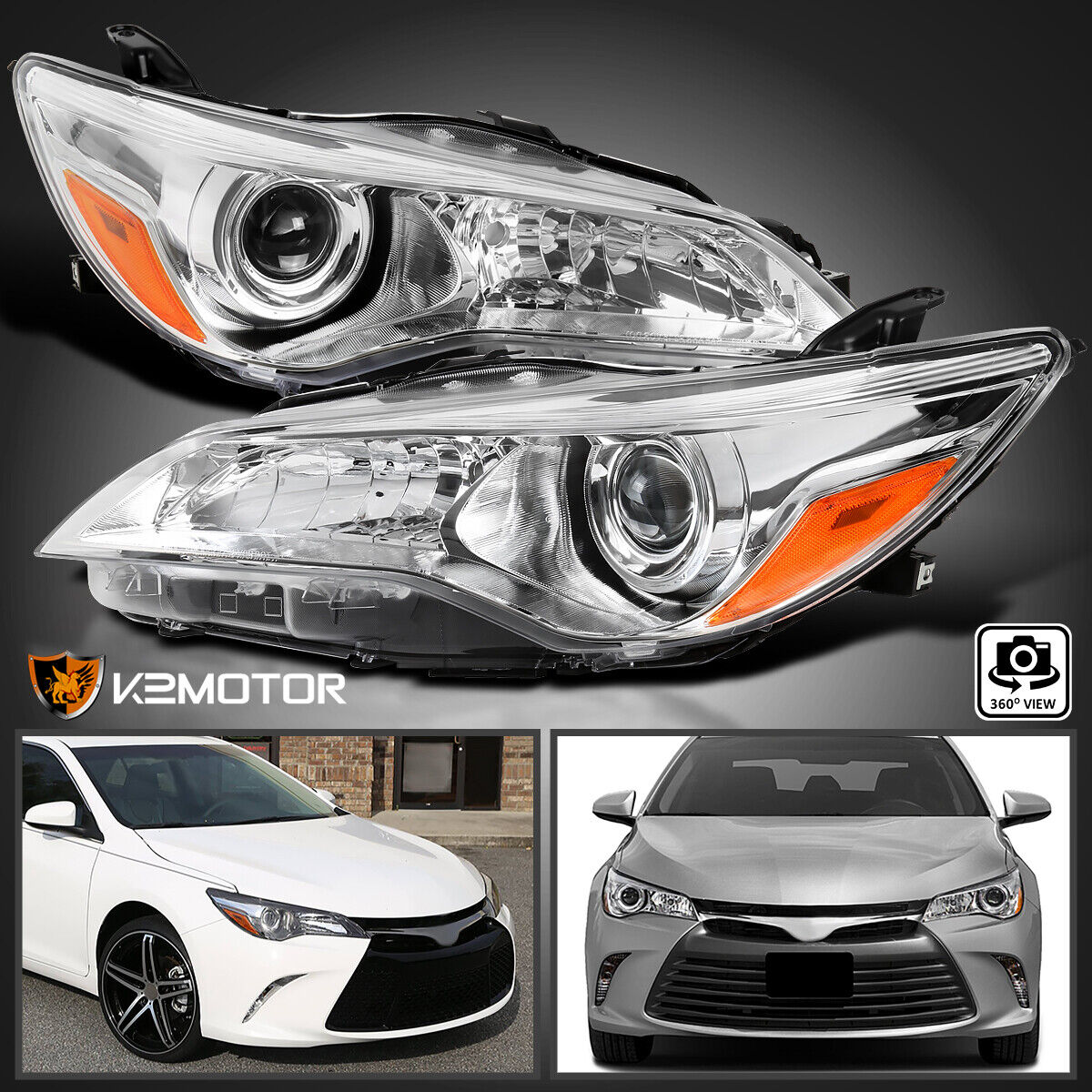 Clear Fits 2015-2017 Toyota Camry Projector Headlights Replacement Lamps Pair