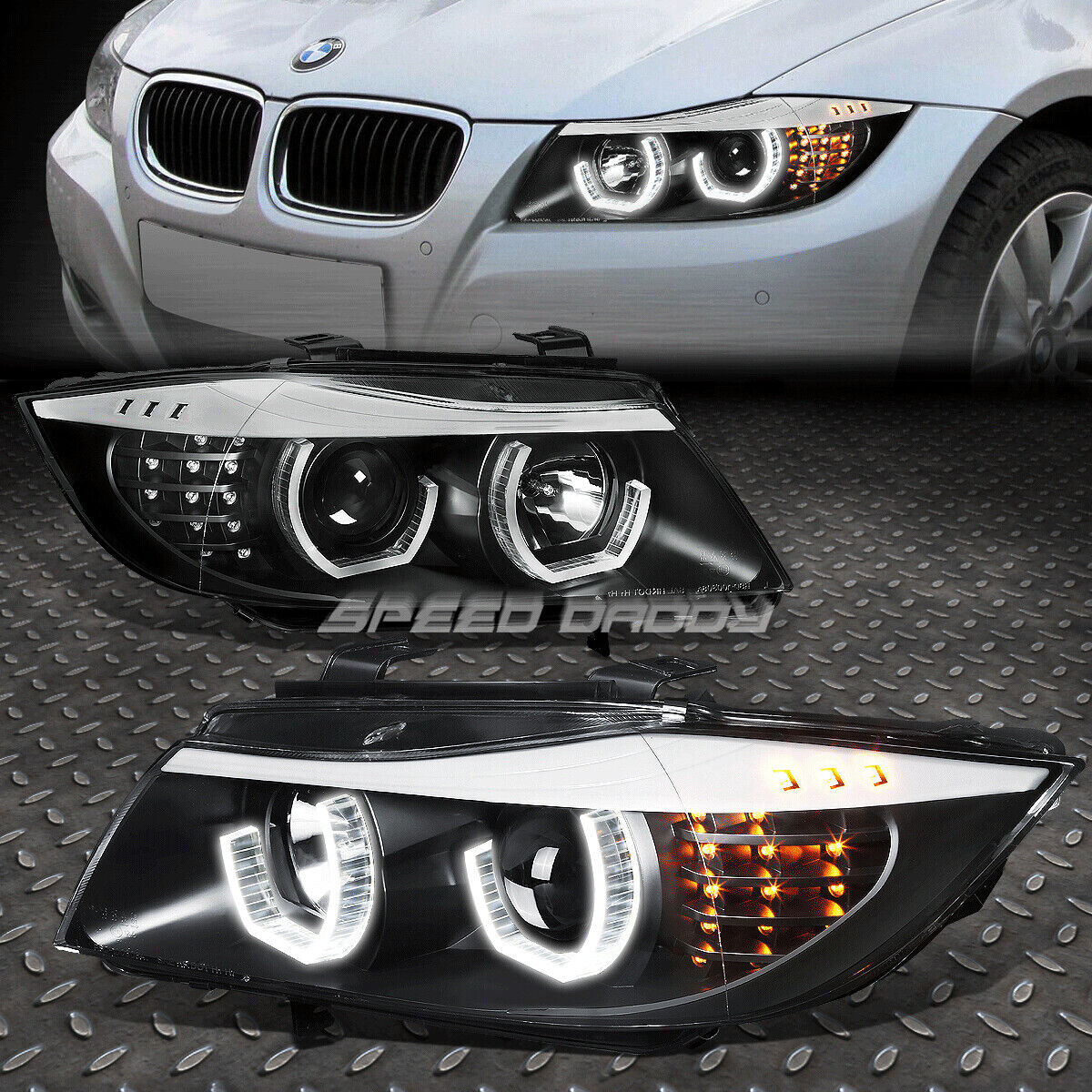 FOR 05-08 BMW E90 3-SERIES BLACK 3D CRYSTAL HALO PROJECTOR HEADLIGHT+LED CORNER