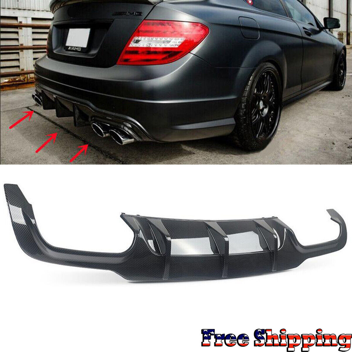 Carbon Style ABS Rear Diffuser Lip For Benz W204 C250 C300 C350 C63 AMG 12-15