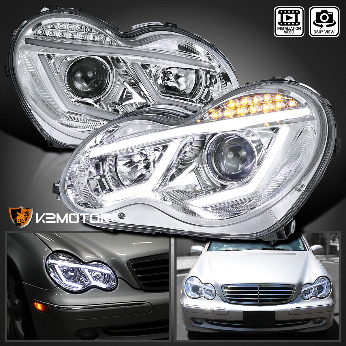 Fits 2001-2007 Mercedes Benz W203 C-Class LED Strip Signal Projector Headlights