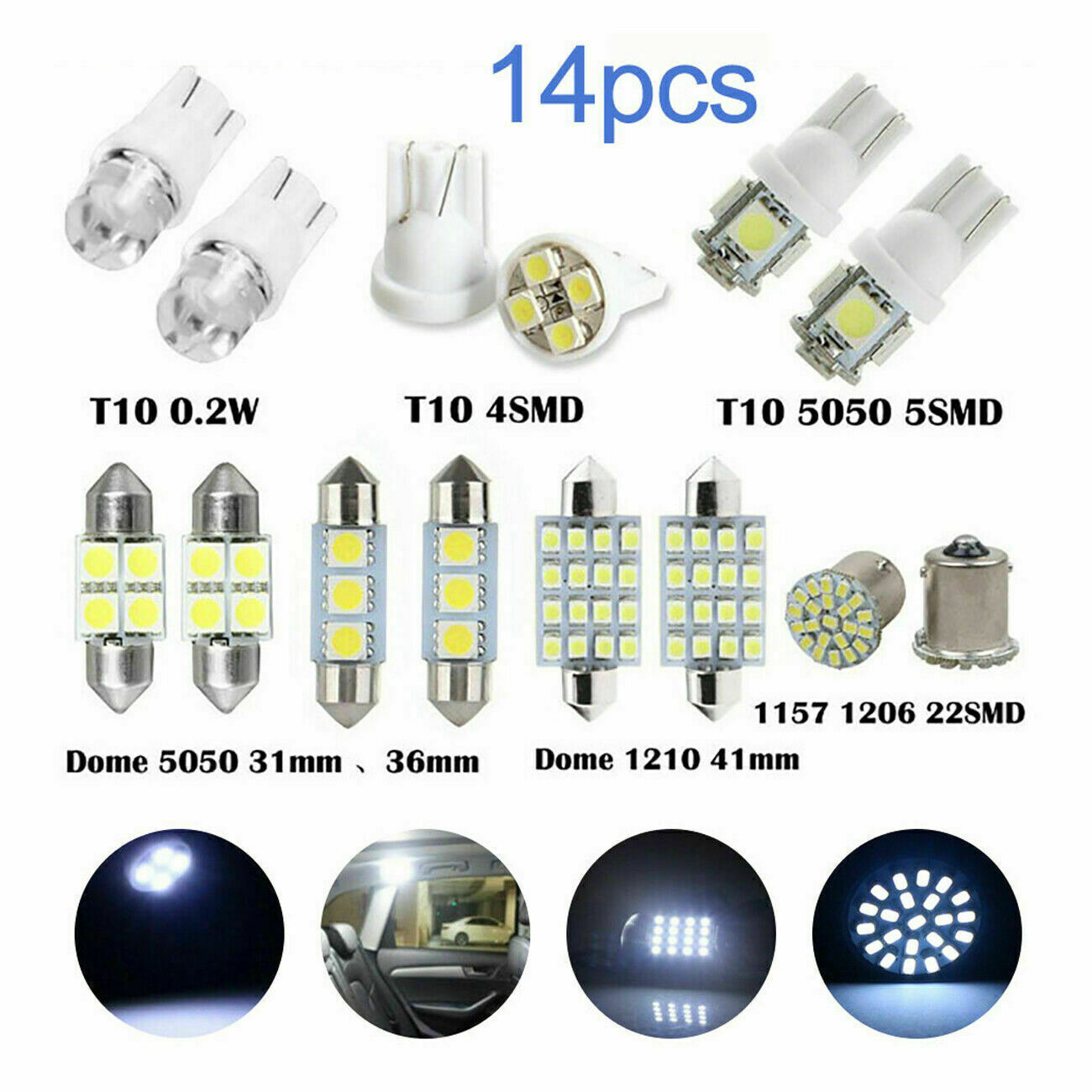14pcs T10 LED Light Car Bulb Auto Lamp For Interior Dome Map Set Inside 6K White