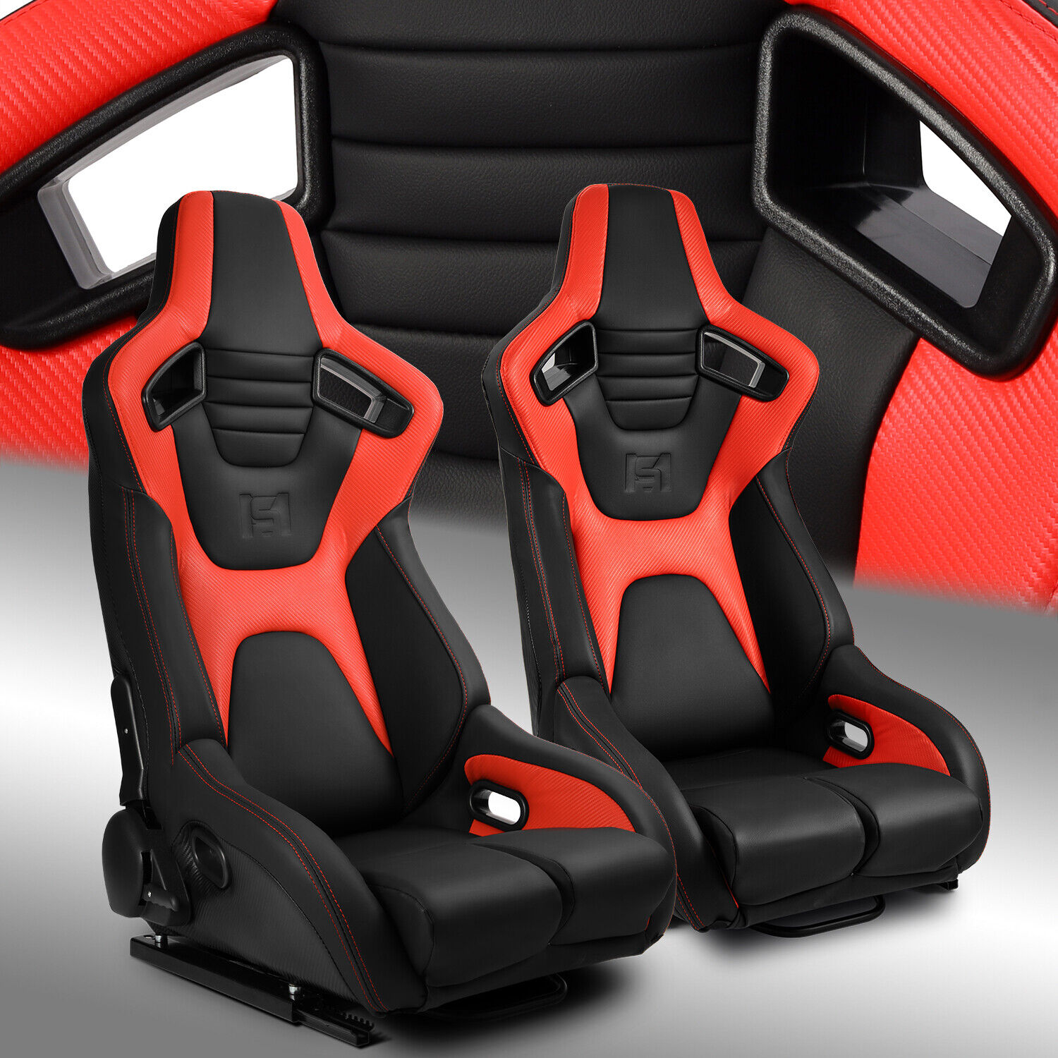 Black+Red PVC Carbon Fiber Leather Reclinable Sport Racing Seats W/Slider