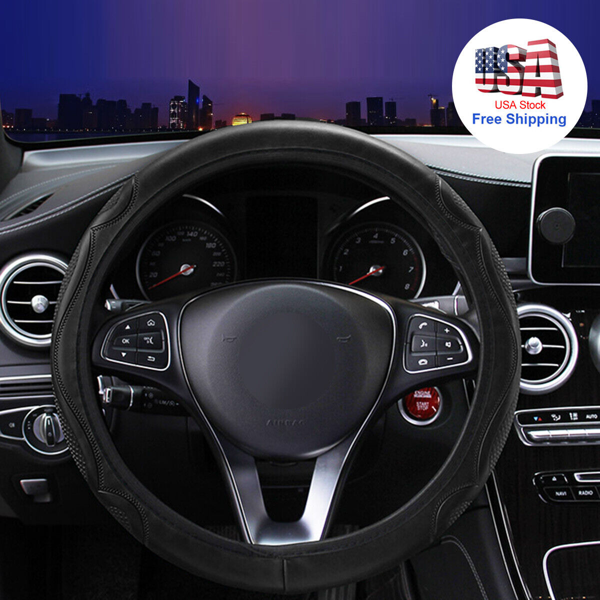 Car Accessories Steering Wheel Cover Black Leather Anti-slip 15\'\'/38cm Universal