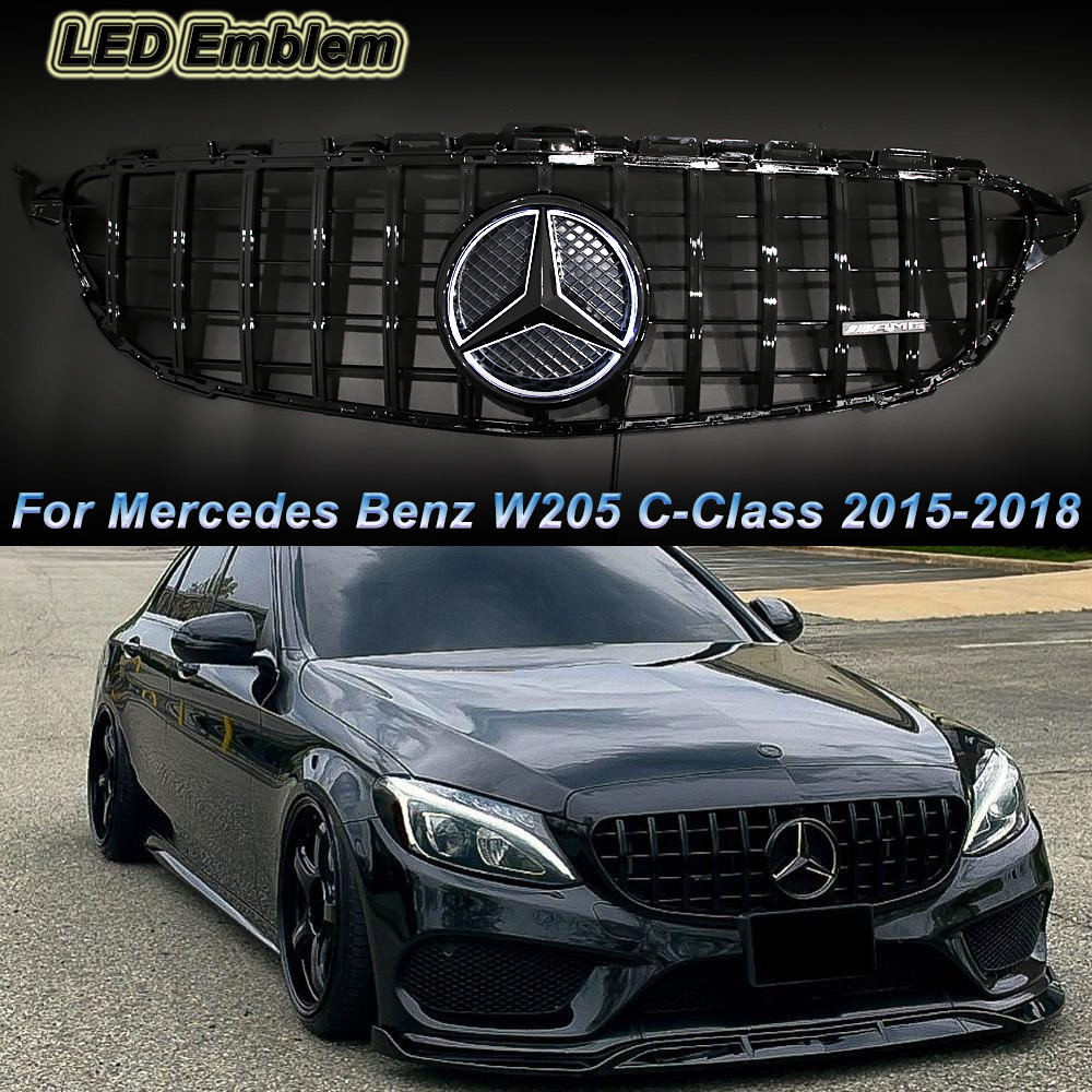 Gloss Black GTR Grille W/LED Emblem For Mercedes Benz W205 2015-2018 C-Class