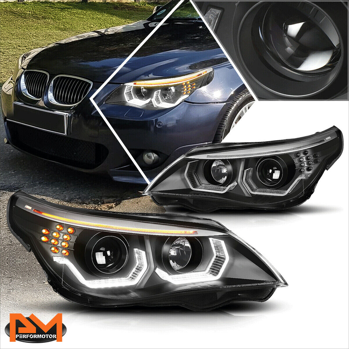 For 04-07 BMW 5-Series E60 LED U-Halo+Turn Signal Projector Headlight/Lamp Black