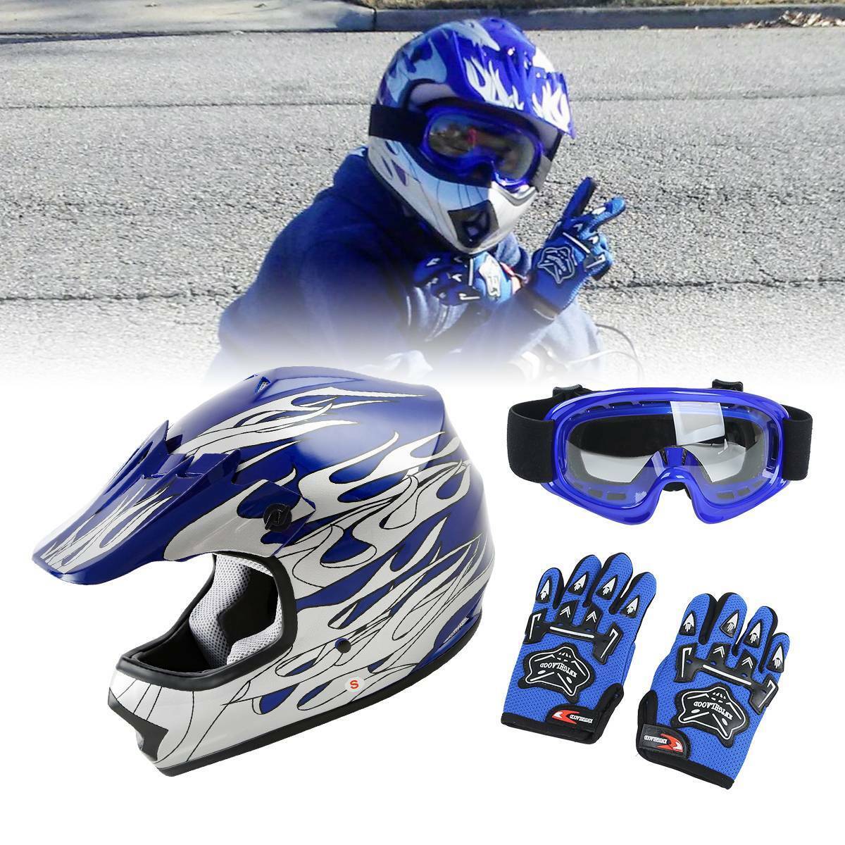 TCMT Youth Kid Blue Flame Dirt Bike ATV Motocross Off-Road Helmet+Goggles S-XL