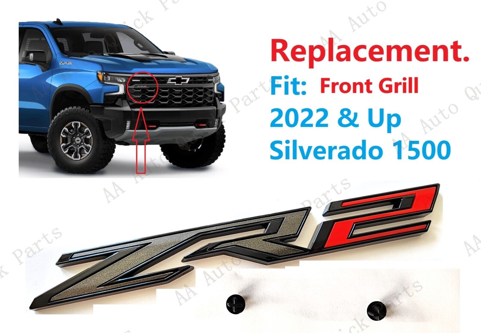 1PCS Gloss Black Red Front Grill ZR2 Emblem Badge Fit 2022-2024 Silverado 1500