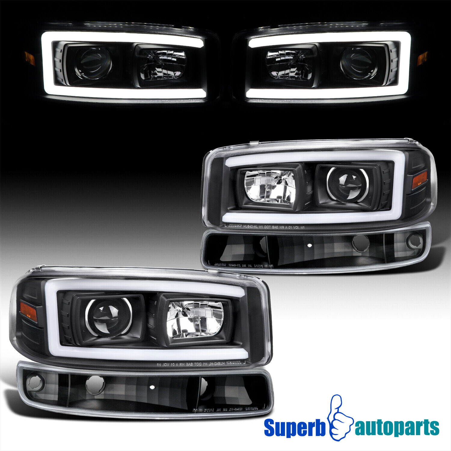 Fits 1999-2006 GMC Sierra Yukon Black Projector Headlights LED Bar+Bumper Lamps