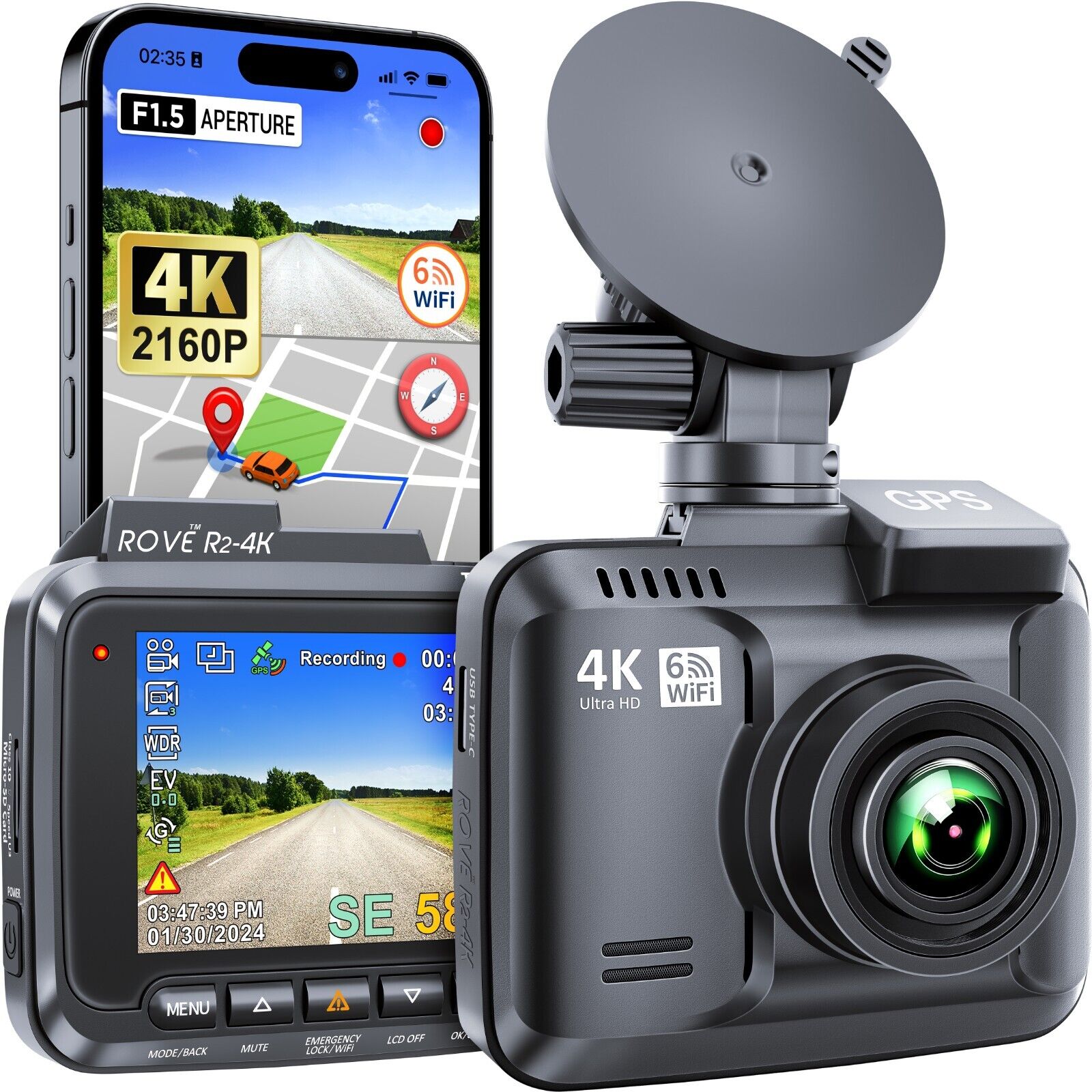 Rove R2-4K Dash Cam for Cars Ultra HD 2160P Dash Camera Built-In Wi-Fi  6 & GPS