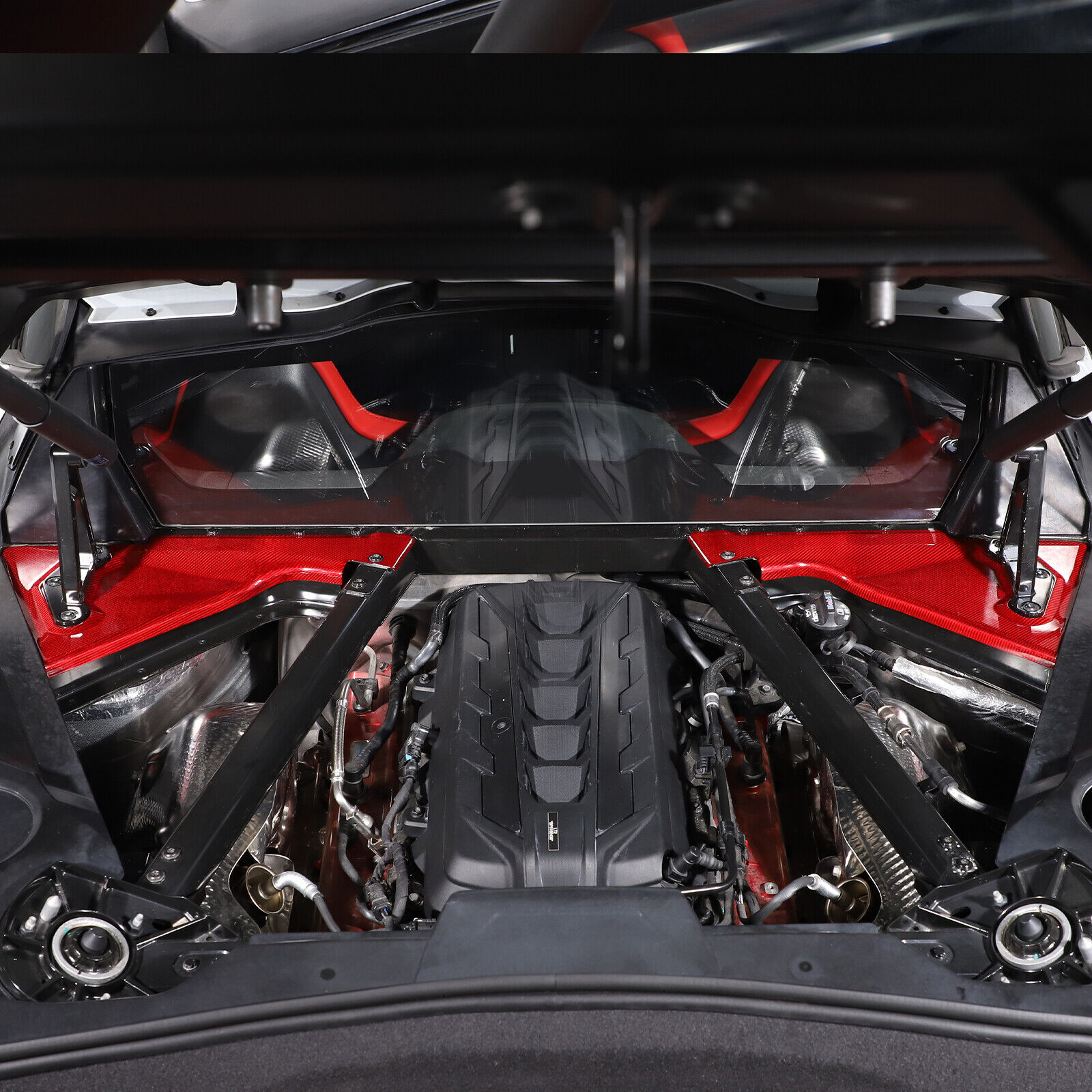 Red Real Carbon Fiber Engine Bay Side Corner Trim Cover Fits Corvette C8 Coupe