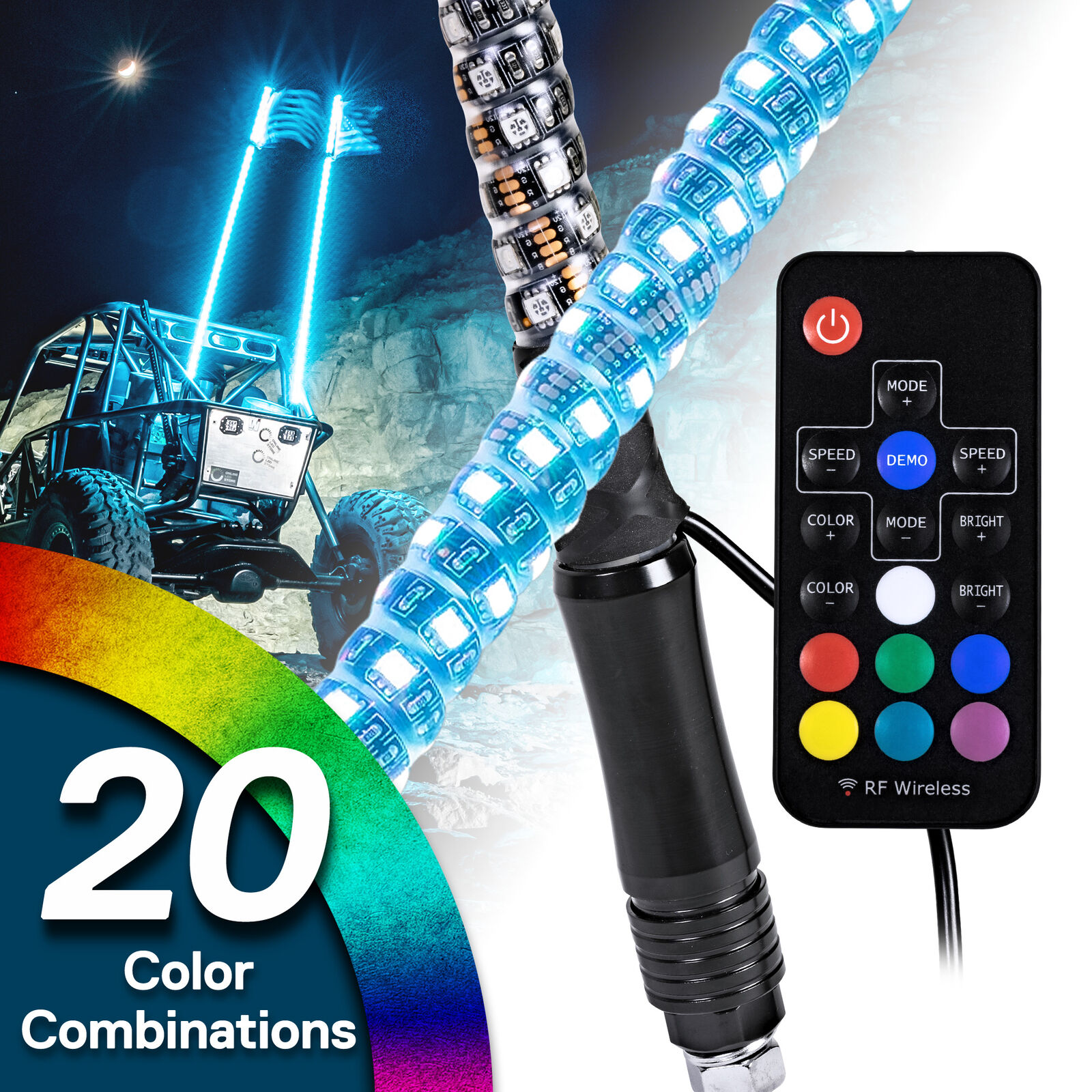 2pc 4ft RGB LED Spiral Whip Light Antenna Flag & Remote for ATV UTV Polaris RZR