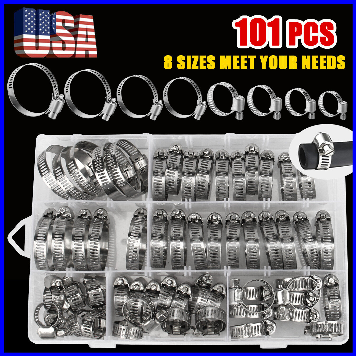 101pcs Adjustable Stainless Steel Hose Clamps Worm Gear Clamp Assortment 8 Sizes
